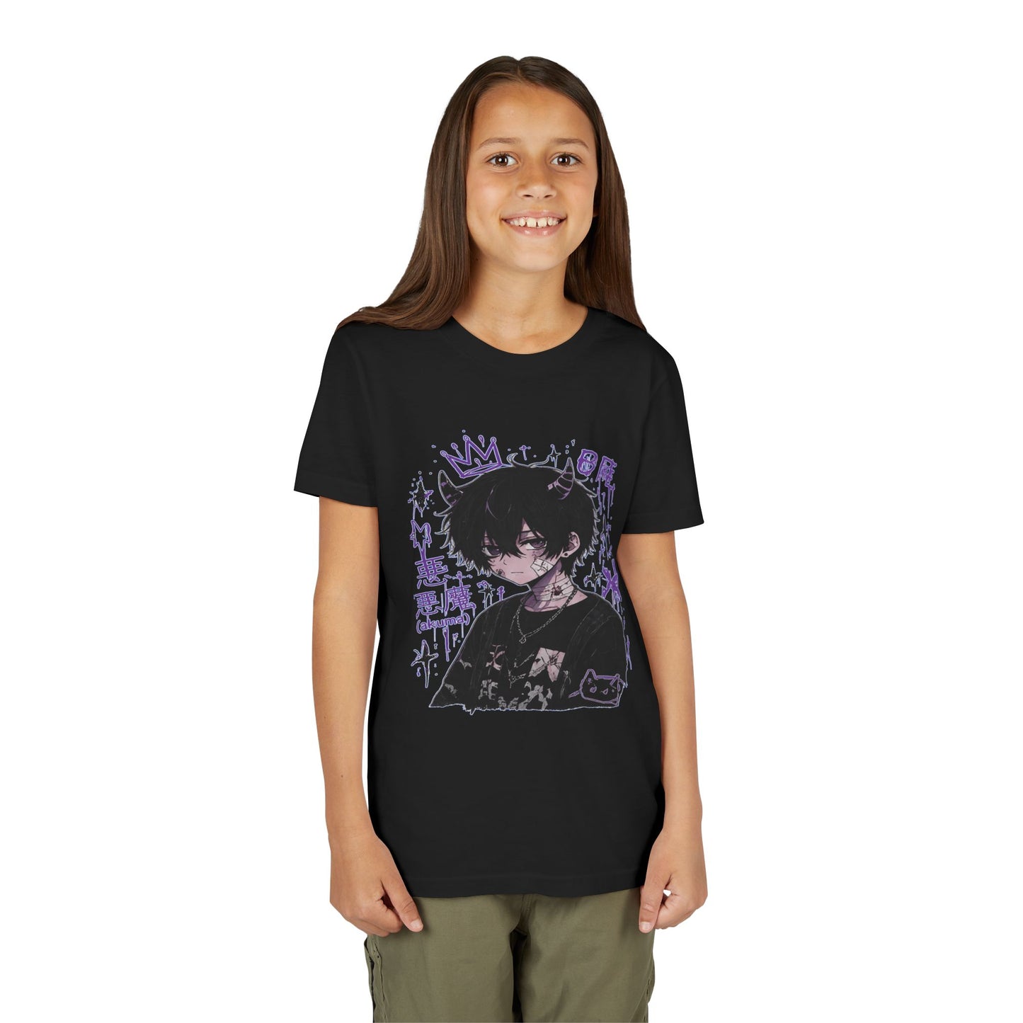 Youth Graphic Tee — Edgy Anime Boy Design with Purple Crown & Japanese Text