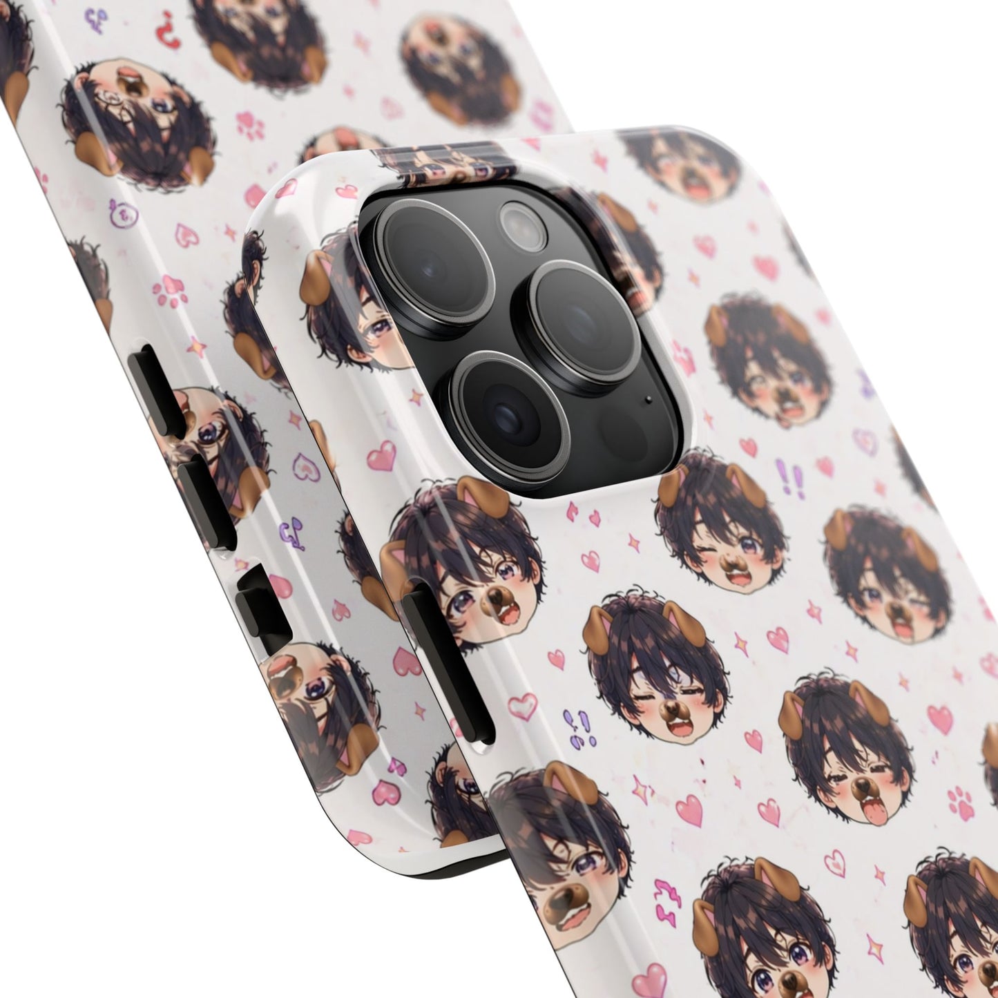 Cute Anime Boy Pattern Tough Phone Case — Kawaii Heart & Question Mark Design