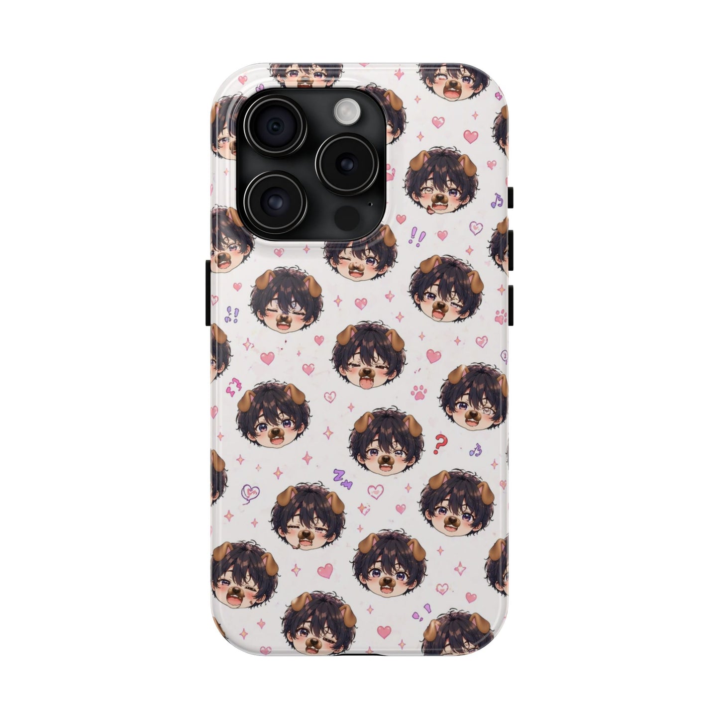Cute Anime Boy Pattern Tough Phone Case — Kawaii Heart & Question Mark Design