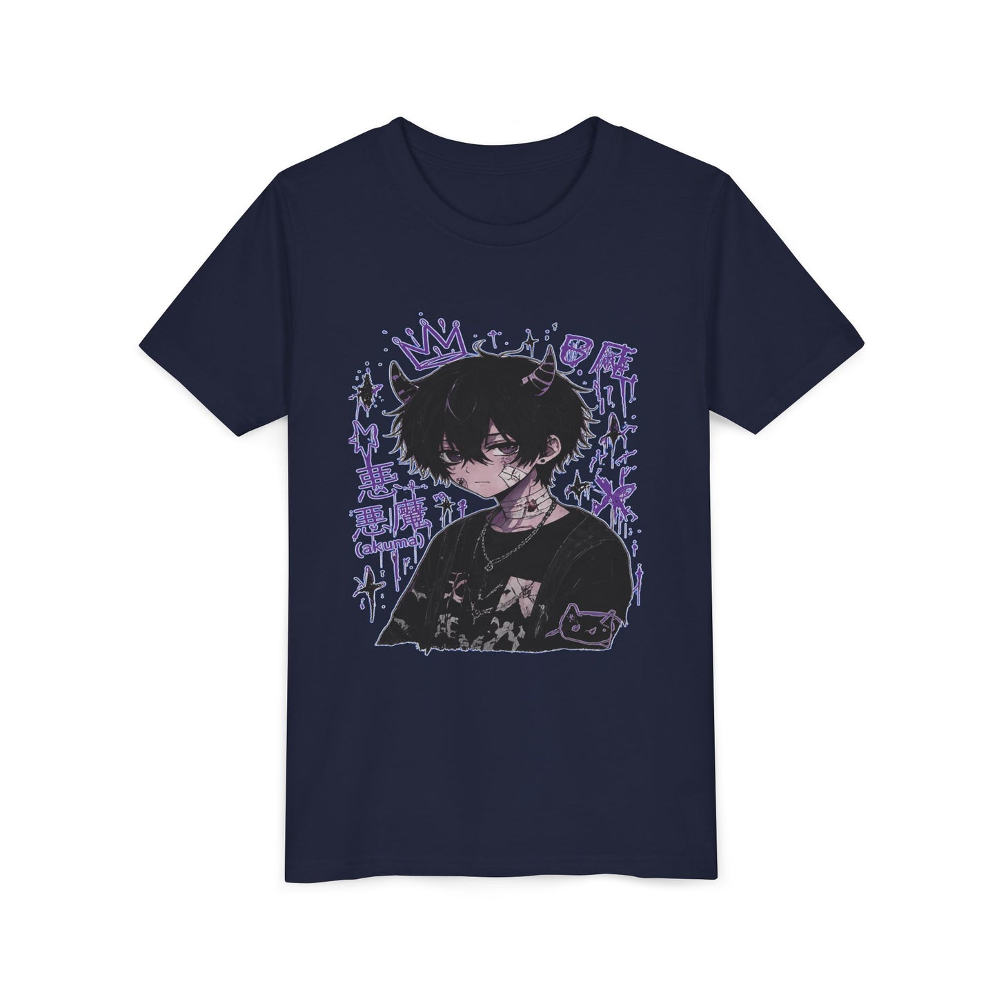 Youth Graphic Tee — Edgy Anime Boy Design with Purple Crown & Japanese Text