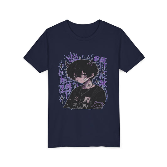 Youth Graphic Tee — Edgy Anime Boy Design with Purple Crown & Japanese Text