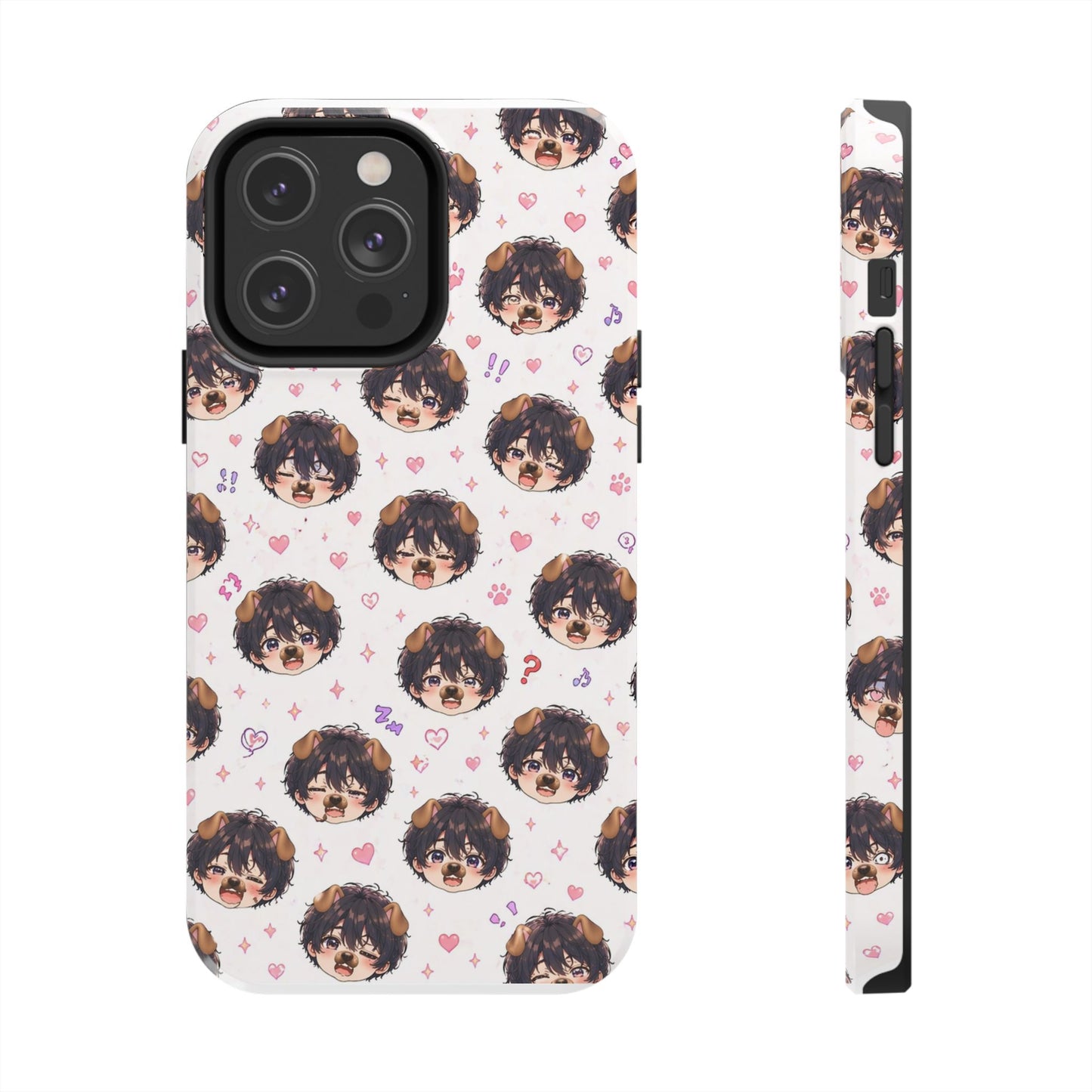 Cute Anime Boy Pattern Tough Phone Case — Kawaii Heart & Question Mark Design