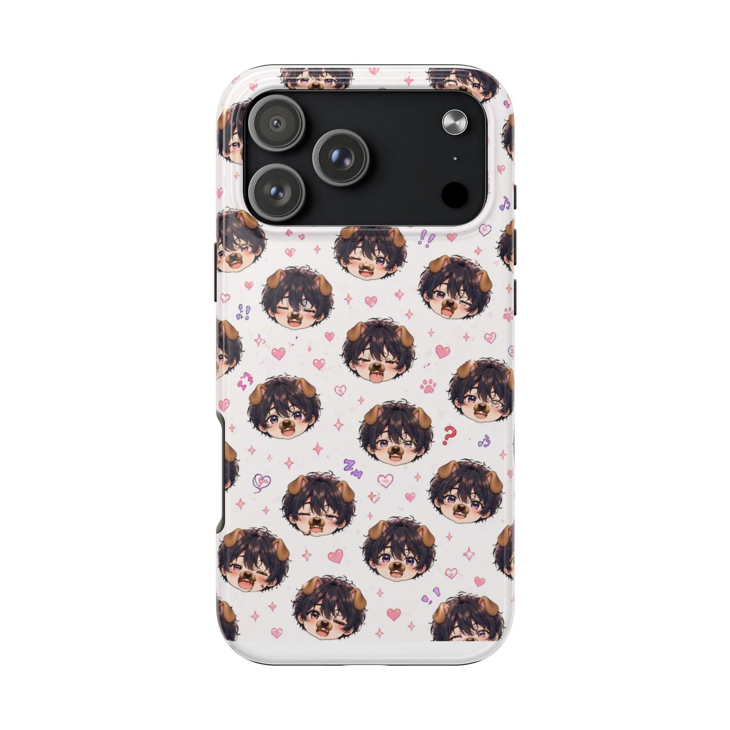 Cute Anime Boy Pattern Tough Phone Case — Kawaii Heart & Question Mark Design