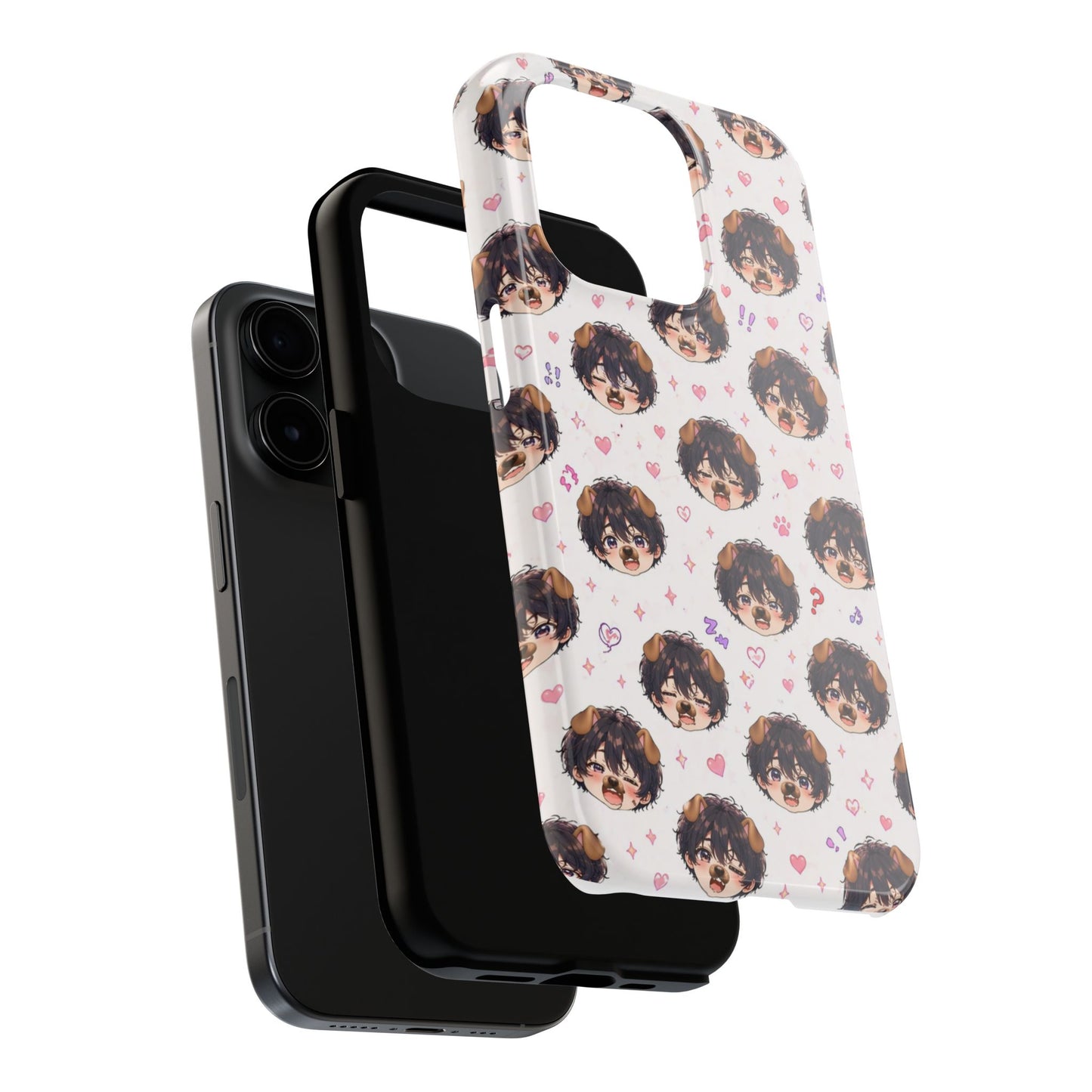Cute Anime Boy Pattern Tough Phone Case — Kawaii Heart & Question Mark Design