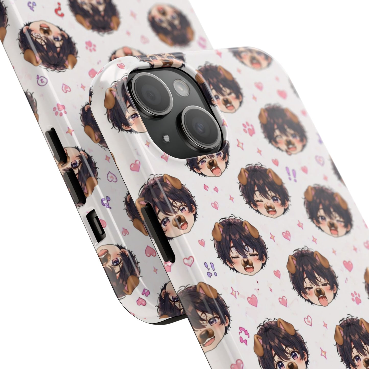 Cute Anime Boy Pattern Tough Phone Case — Kawaii Heart & Question Mark Design