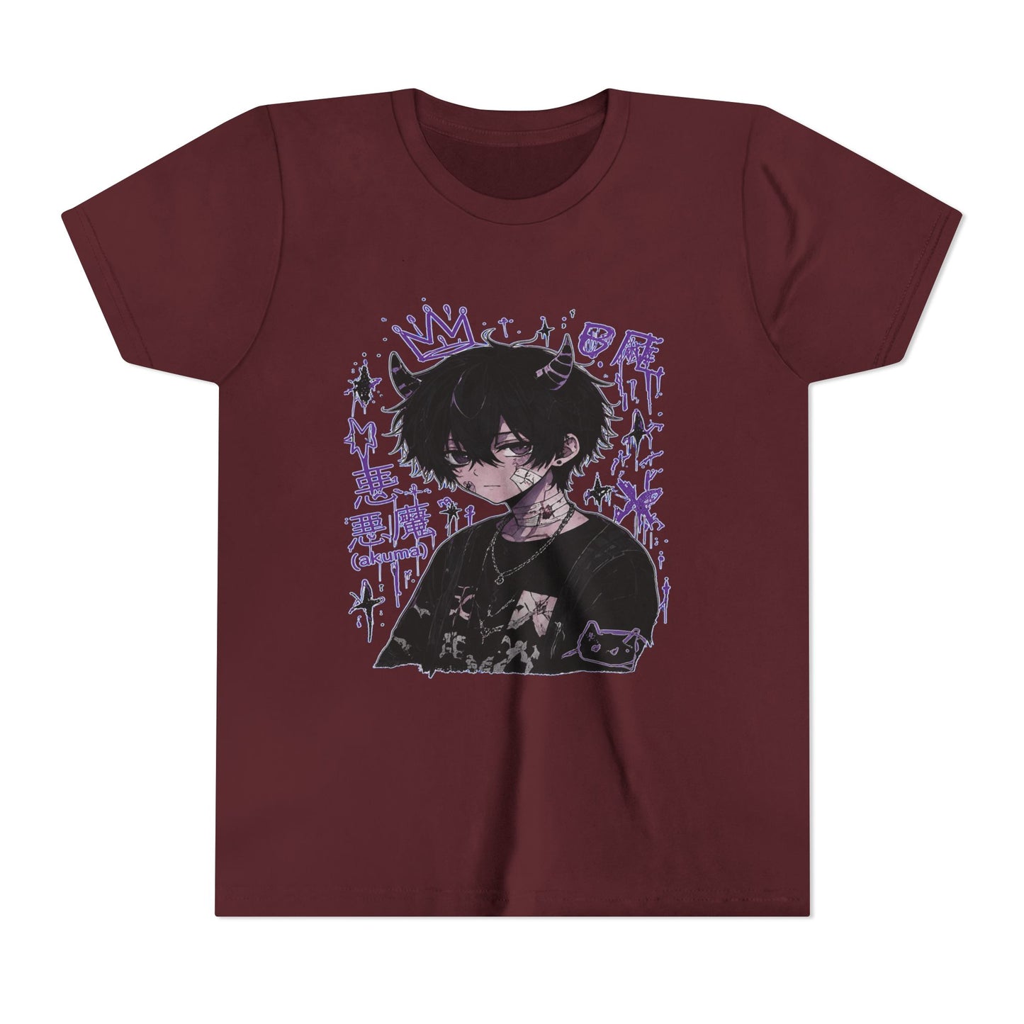 Youth Graphic Tee — Edgy Anime Boy Design with Purple Crown & Japanese Text