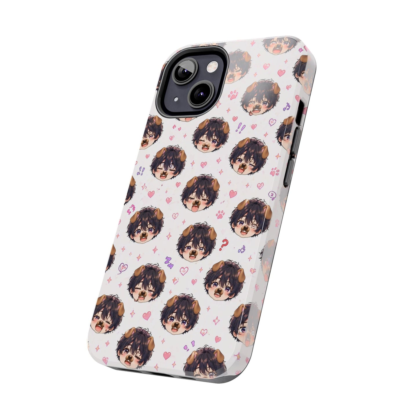 Cute Anime Boy Pattern Tough Phone Case — Kawaii Heart & Question Mark Design