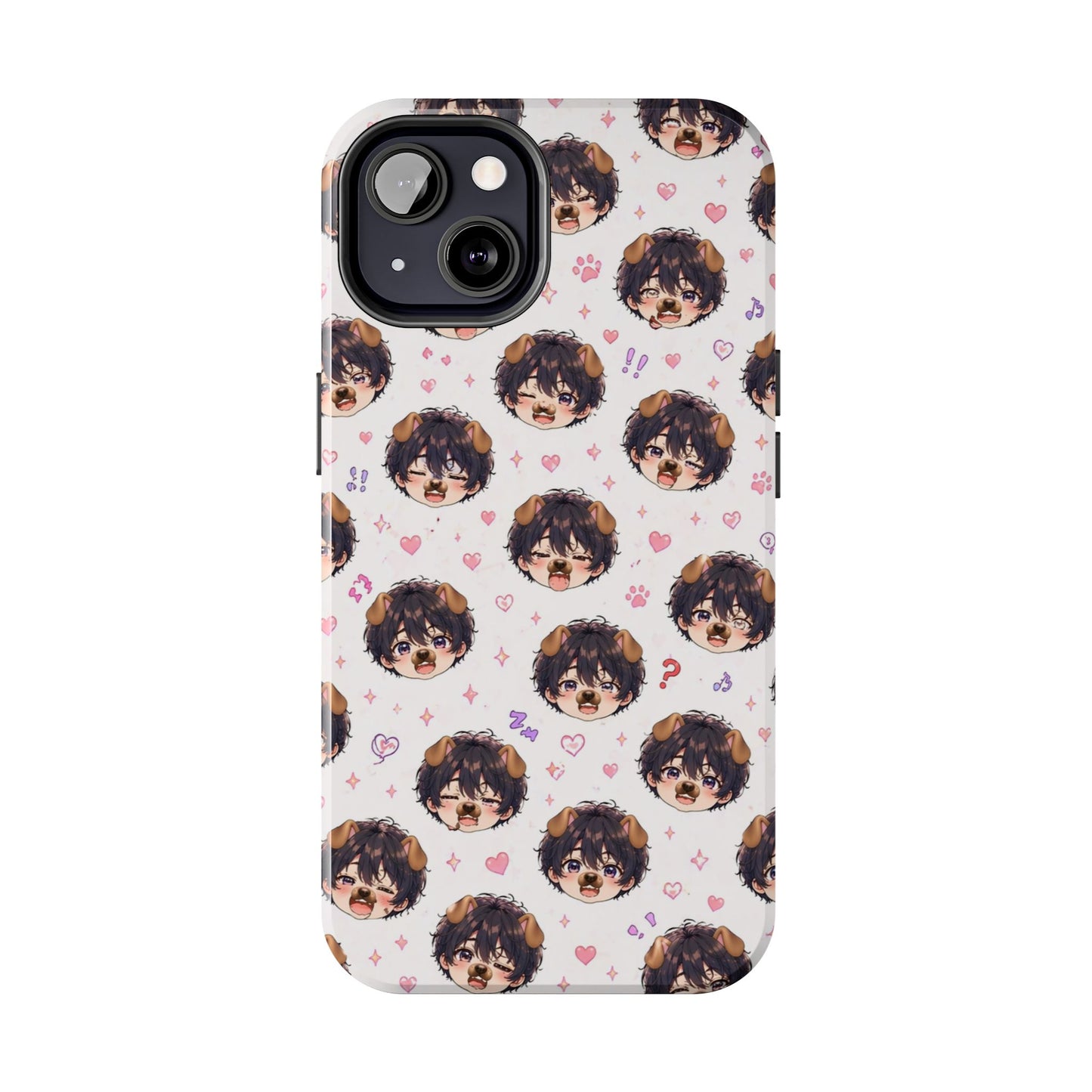 Cute Anime Boy Pattern Tough Phone Case — Kawaii Heart & Question Mark Design