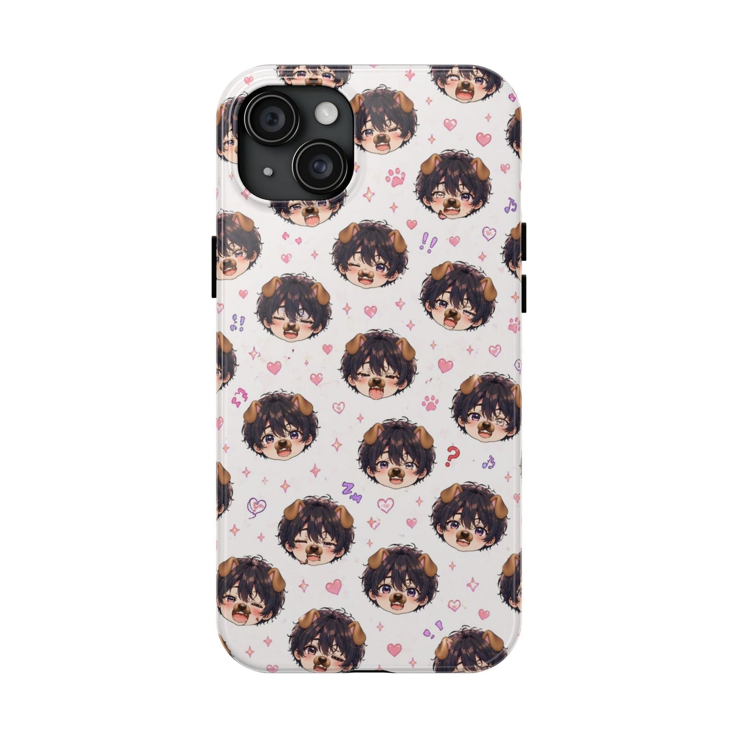 Cute Anime Boy Pattern Tough Phone Case — Kawaii Heart & Question Mark Design