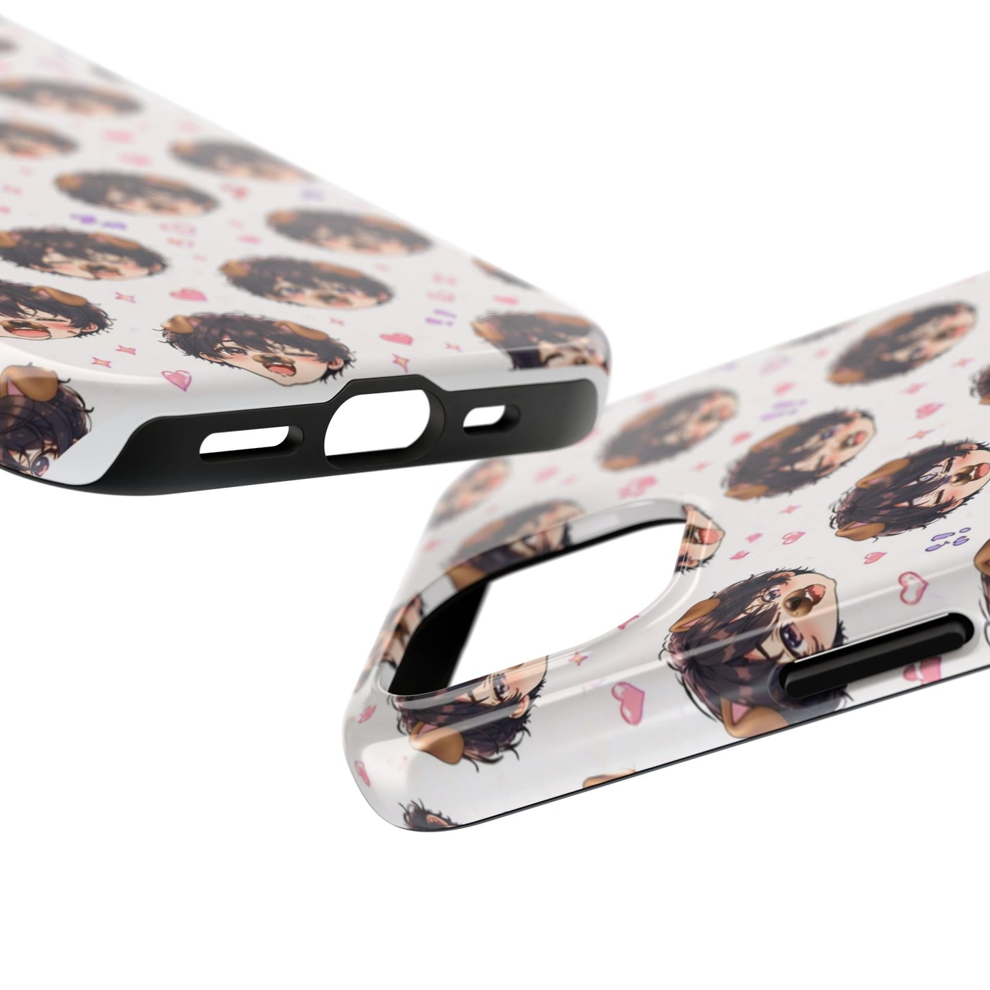 Cute Anime Boy Pattern Tough Phone Case — Kawaii Heart & Question Mark Design