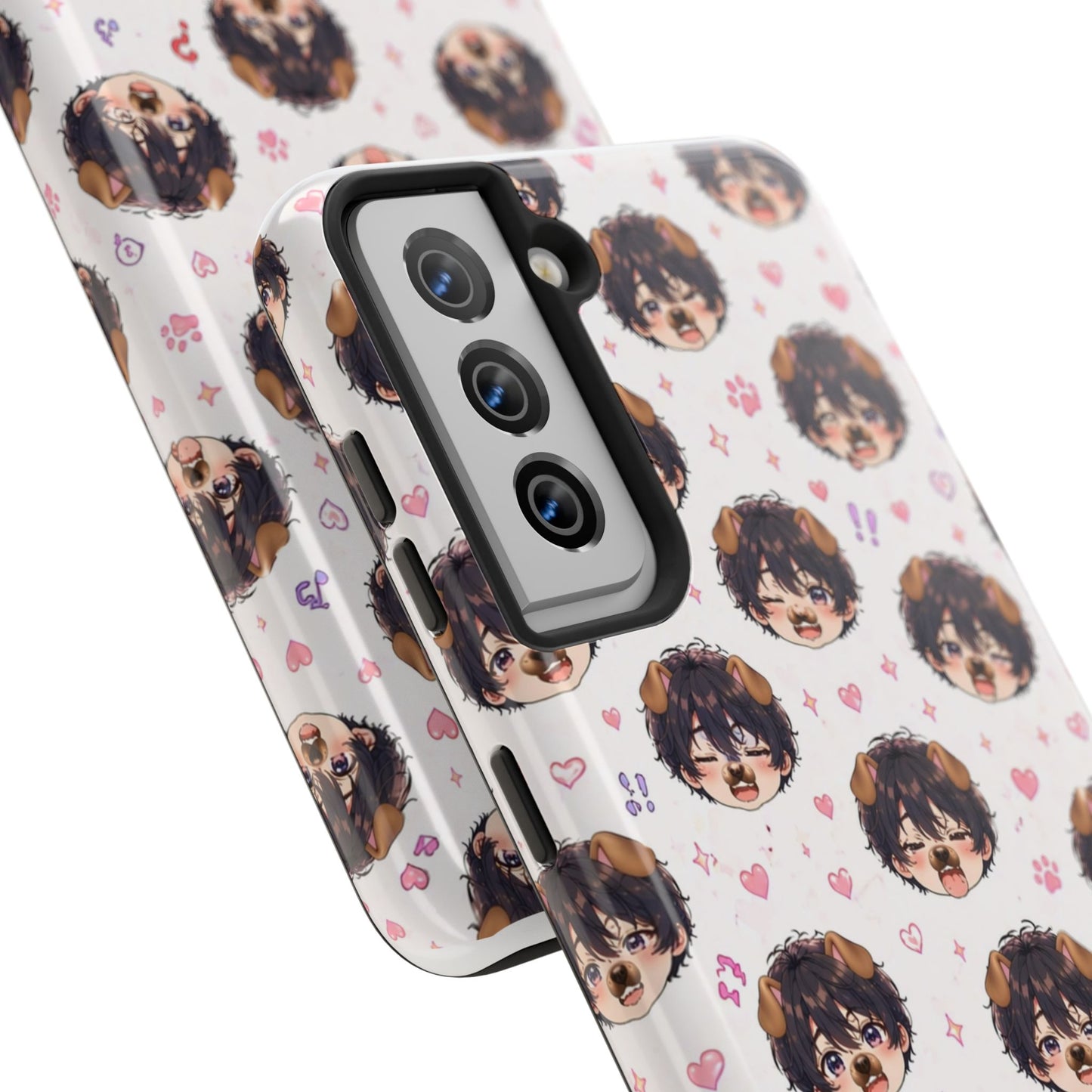 Cute Anime Boy Pattern Tough Phone Case — Kawaii Heart & Question Mark Design