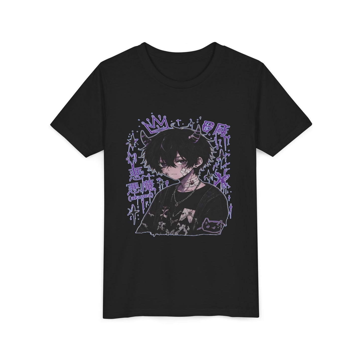 Youth Graphic Tee — Edgy Anime Boy Design with Purple Crown & Japanese Text