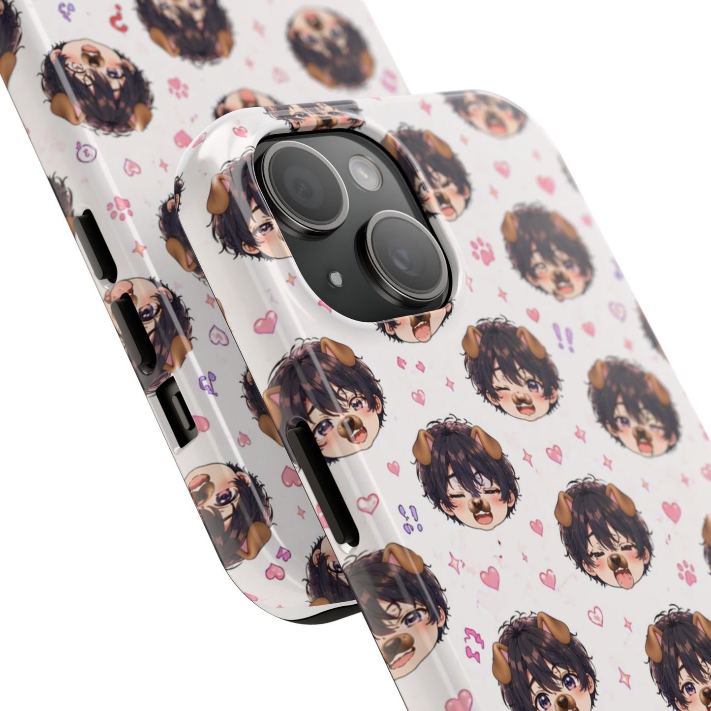 Cute Anime Boy Pattern Tough Phone Case — Kawaii Heart & Question Mark Design
