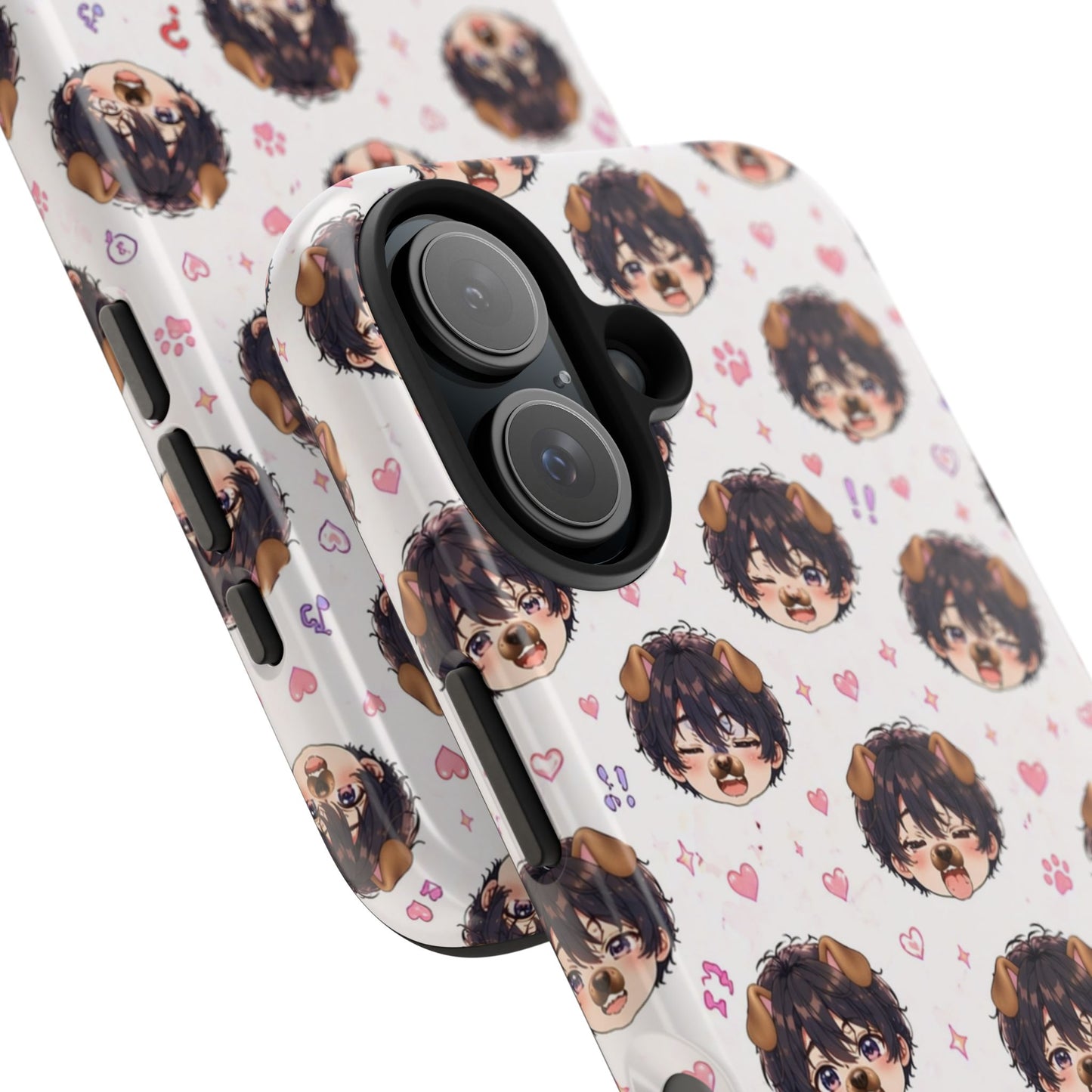 Cute Anime Boy Pattern Tough Phone Case — Kawaii Heart & Question Mark Design