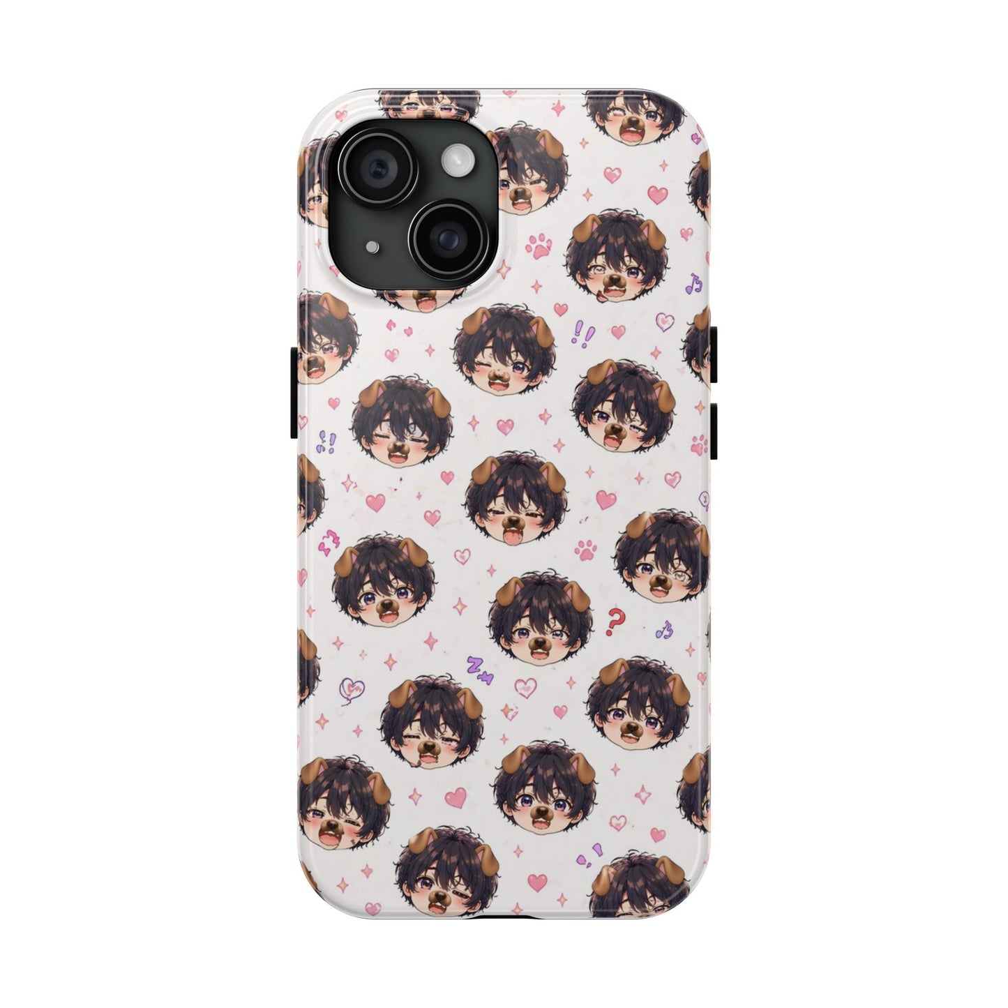Cute Anime Boy Pattern Tough Phone Case — Kawaii Heart & Question Mark Design