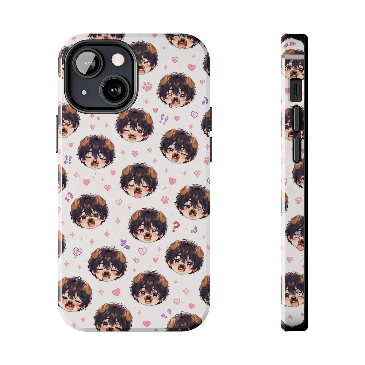 Cute Anime Boy Pattern Tough Phone Case — Kawaii Heart & Question Mark Design
