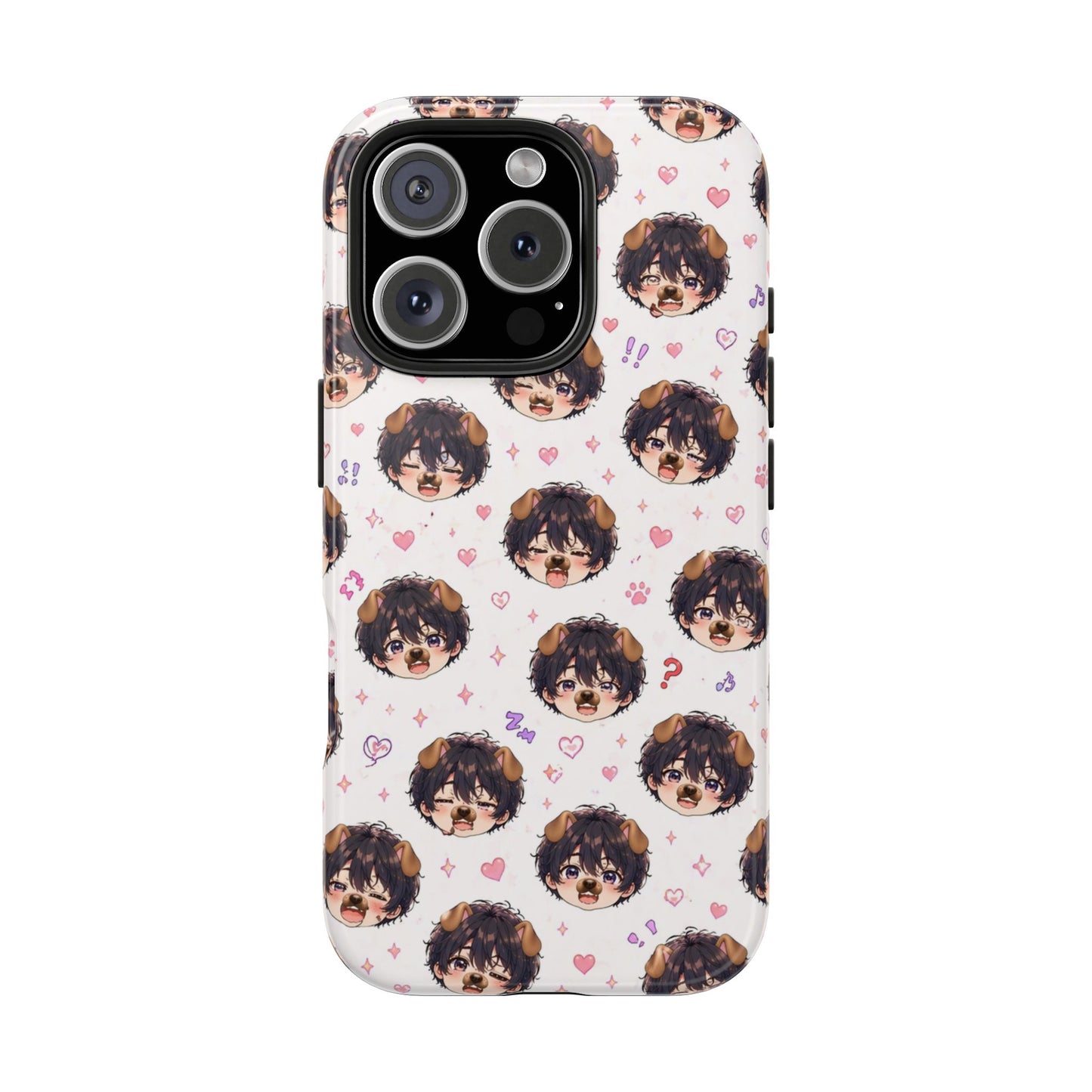 Cute Anime Boy Pattern Tough Phone Case — Kawaii Heart & Question Mark Design