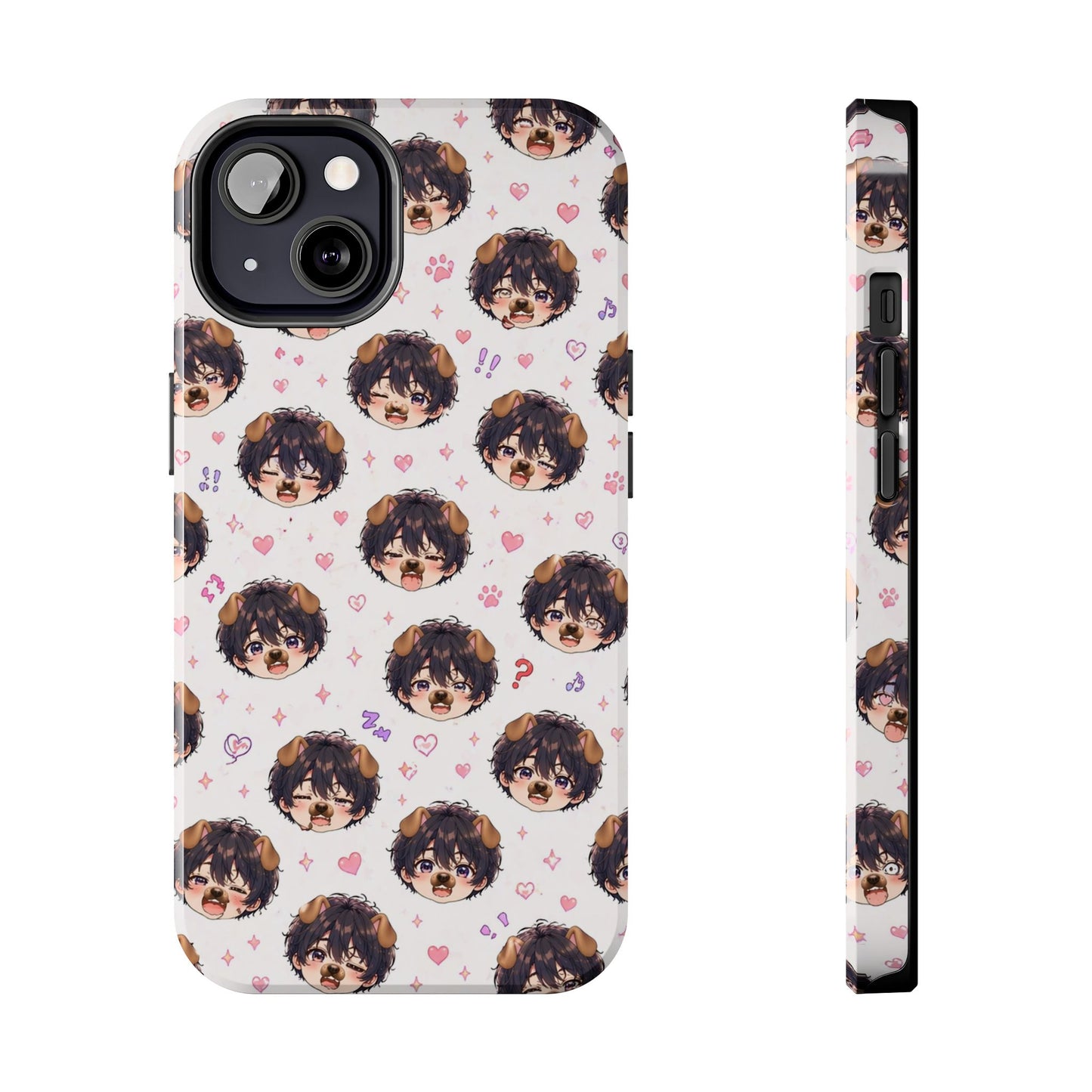 Cute Anime Boy Pattern Tough Phone Case — Kawaii Heart & Question Mark Design