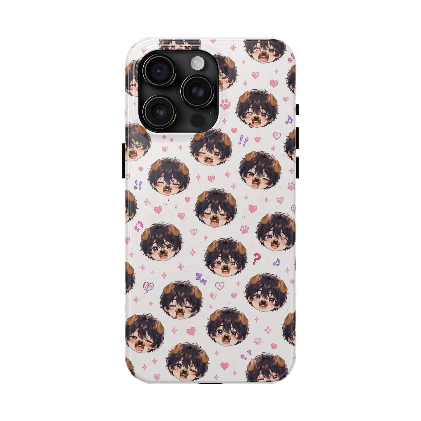 Cute Anime Boy Pattern Tough Phone Case — Kawaii Heart & Question Mark Design