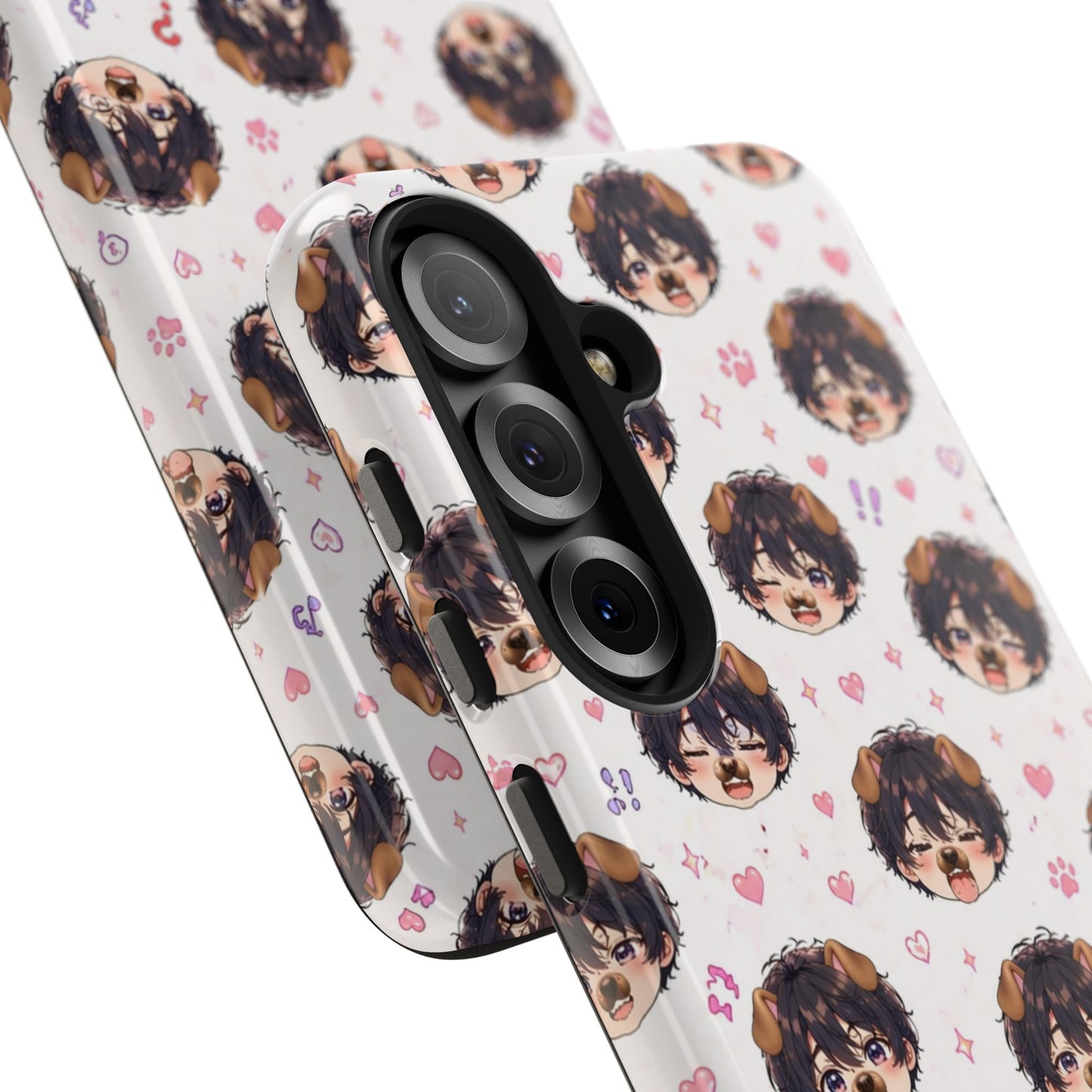 Cute Anime Boy Pattern Tough Phone Case — Kawaii Heart & Question Mark Design