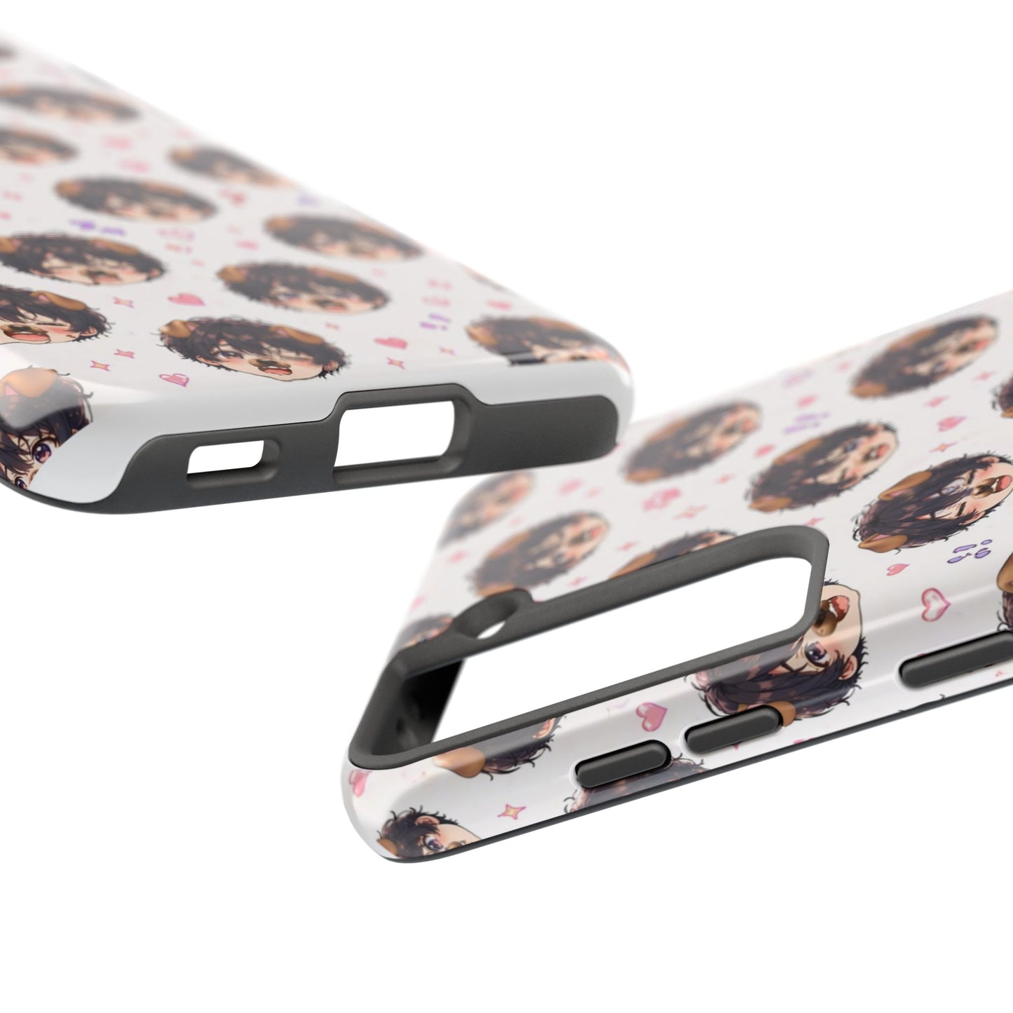Cute Anime Boy Pattern Tough Phone Case — Kawaii Heart & Question Mark Design