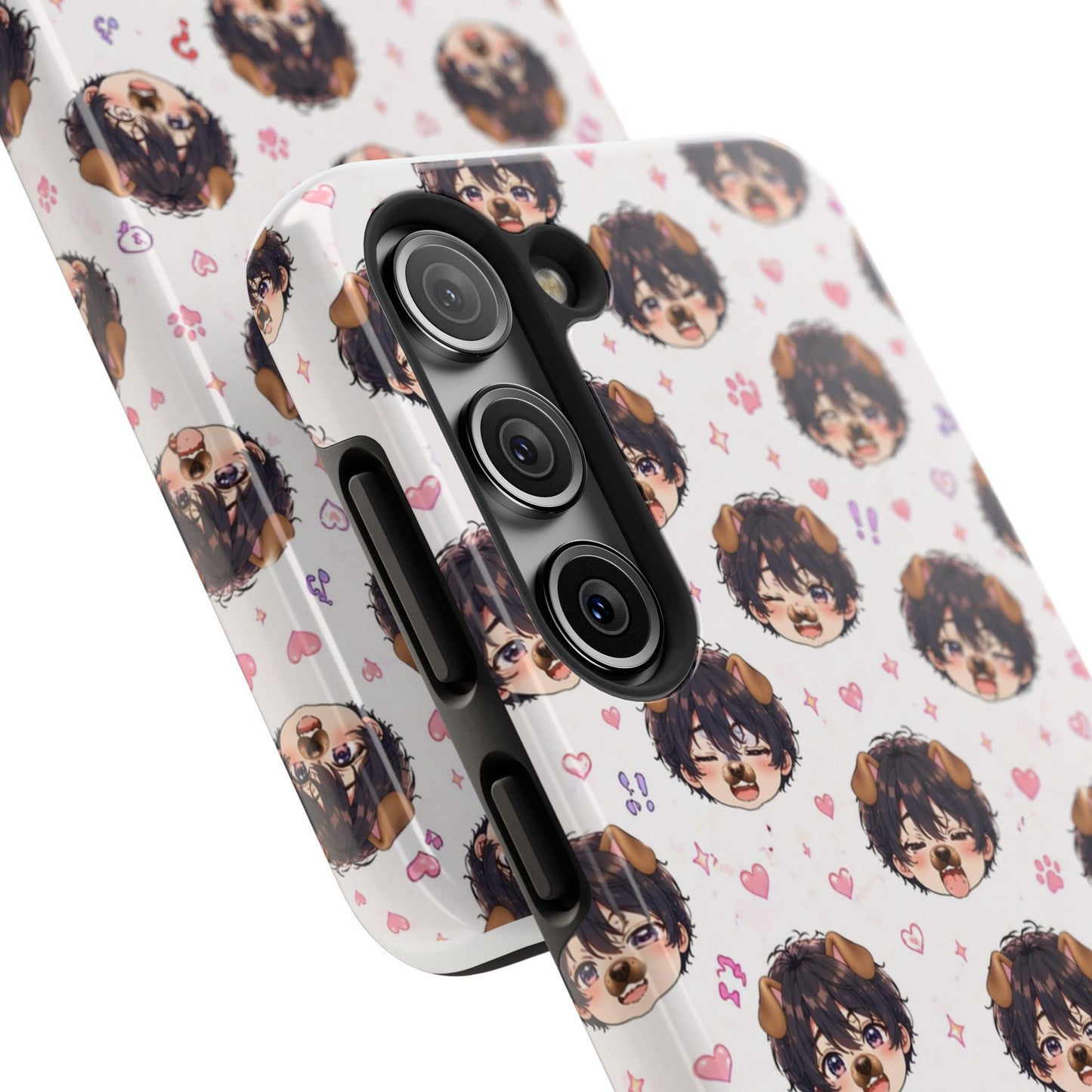 Cute Anime Boy Pattern Tough Phone Case — Kawaii Heart & Question Mark Design