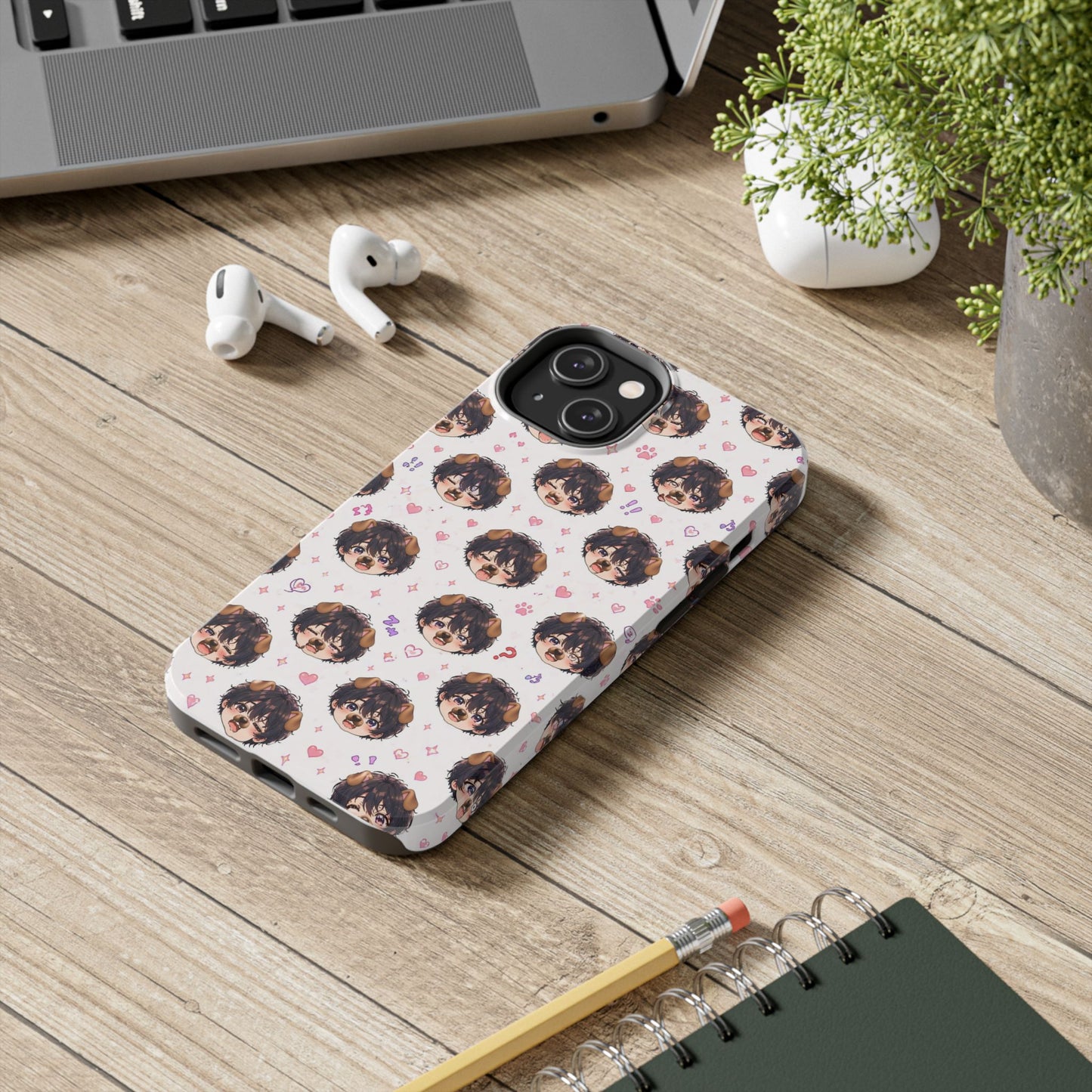 Cute Anime Boy Pattern Tough Phone Case — Kawaii Heart & Question Mark Design