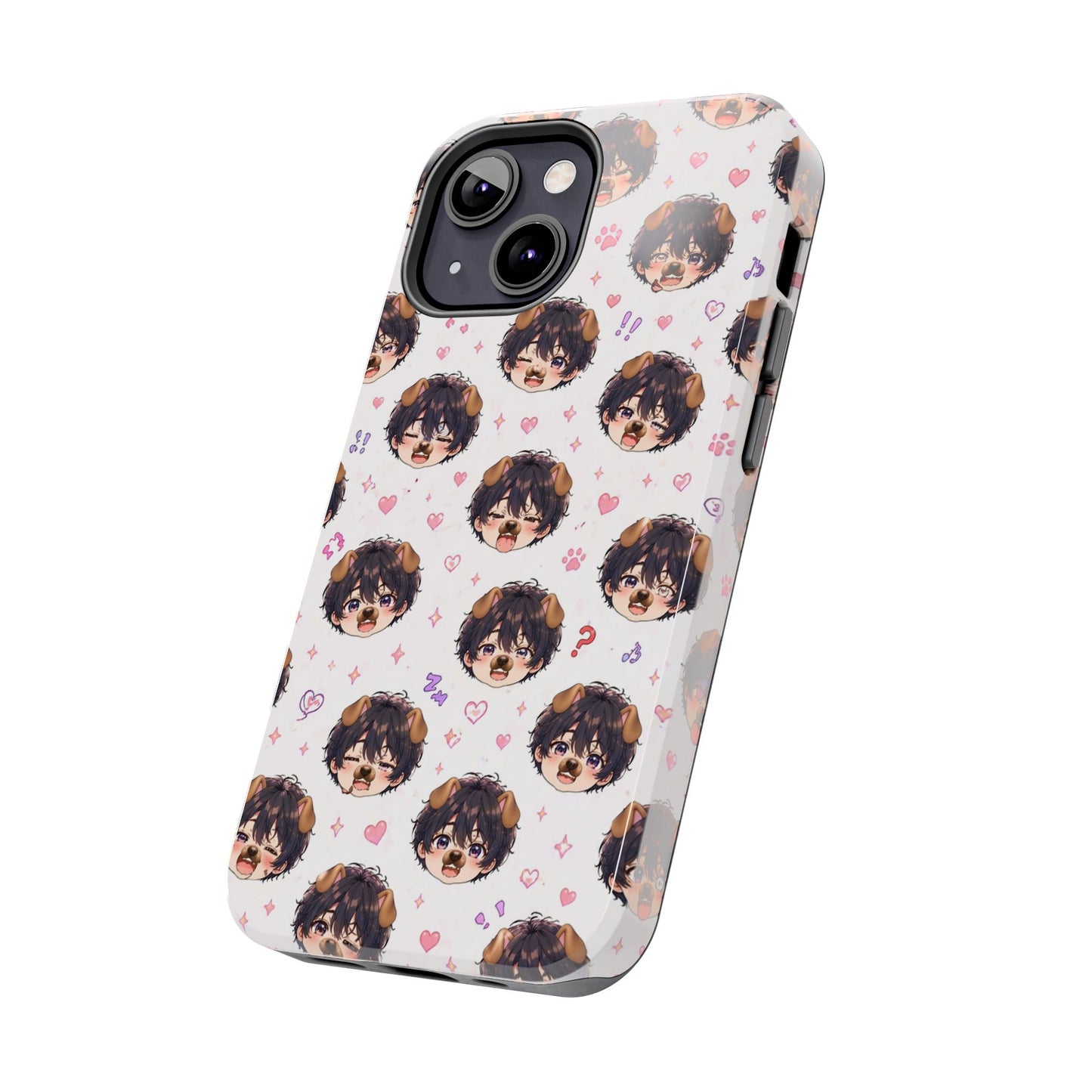 Cute Anime Boy Pattern Tough Phone Case — Kawaii Heart & Question Mark Design