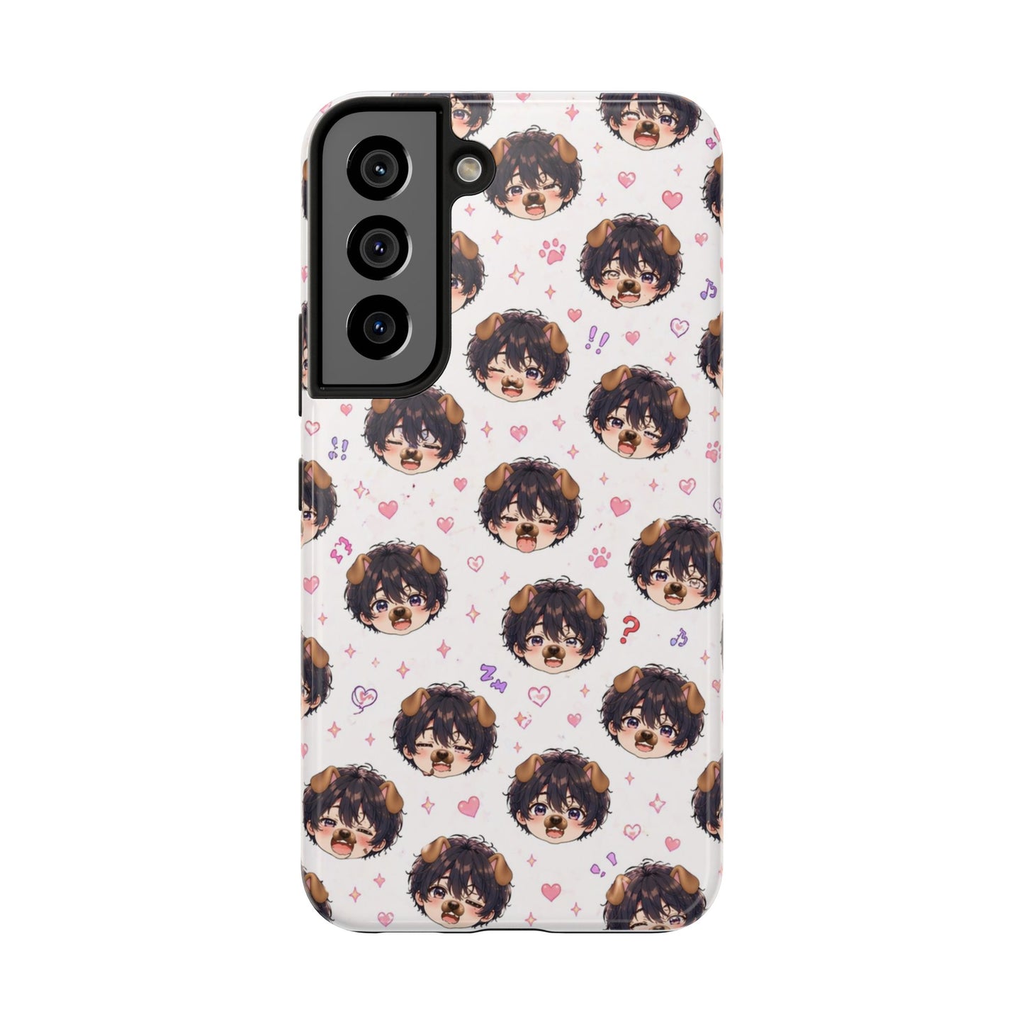 Cute Anime Boy Pattern Tough Phone Case — Kawaii Heart & Question Mark Design