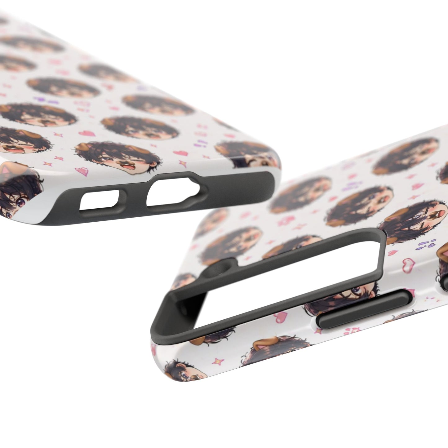 Cute Anime Boy Pattern Tough Phone Case — Kawaii Heart & Question Mark Design