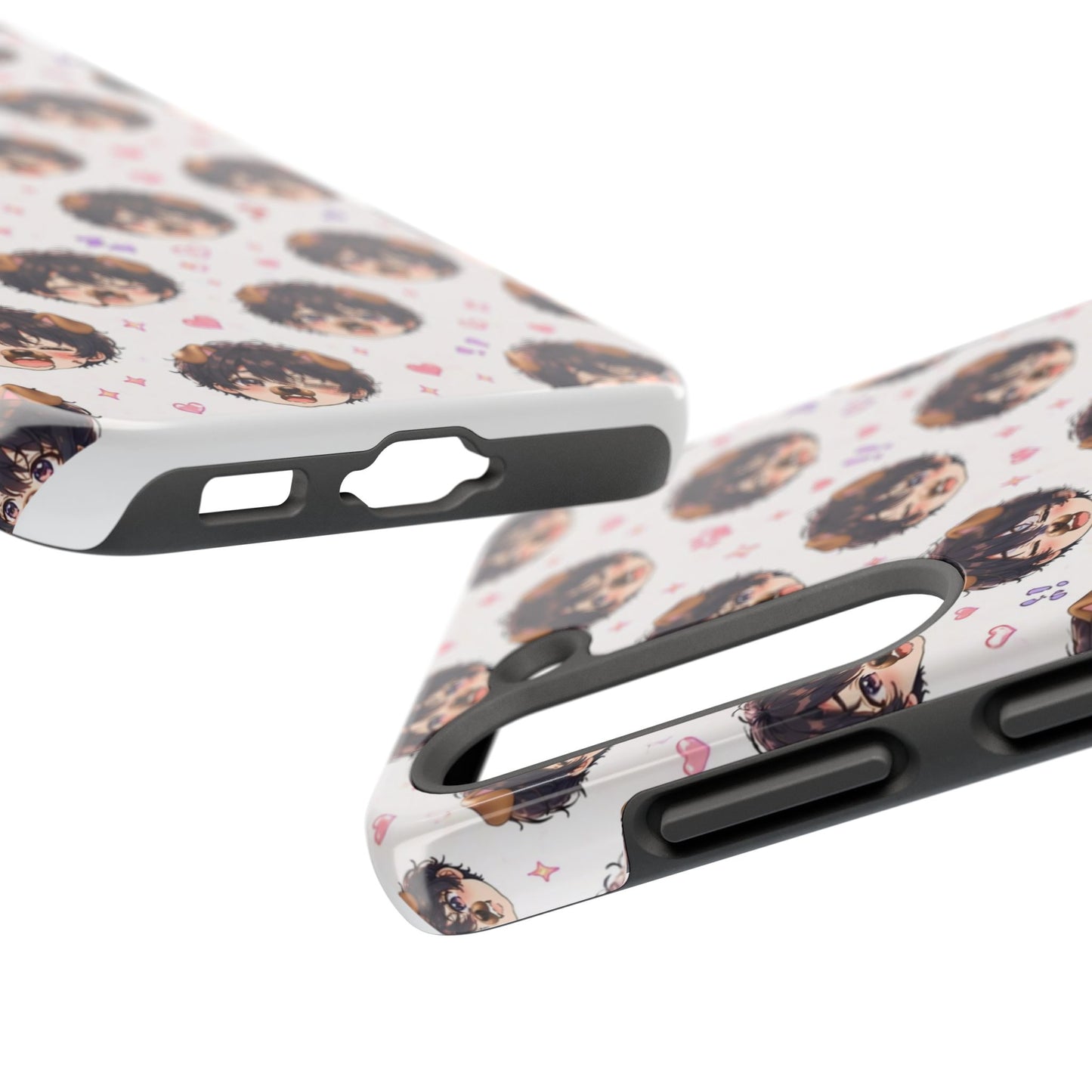 Cute Anime Boy Pattern Tough Phone Case — Kawaii Heart & Question Mark Design