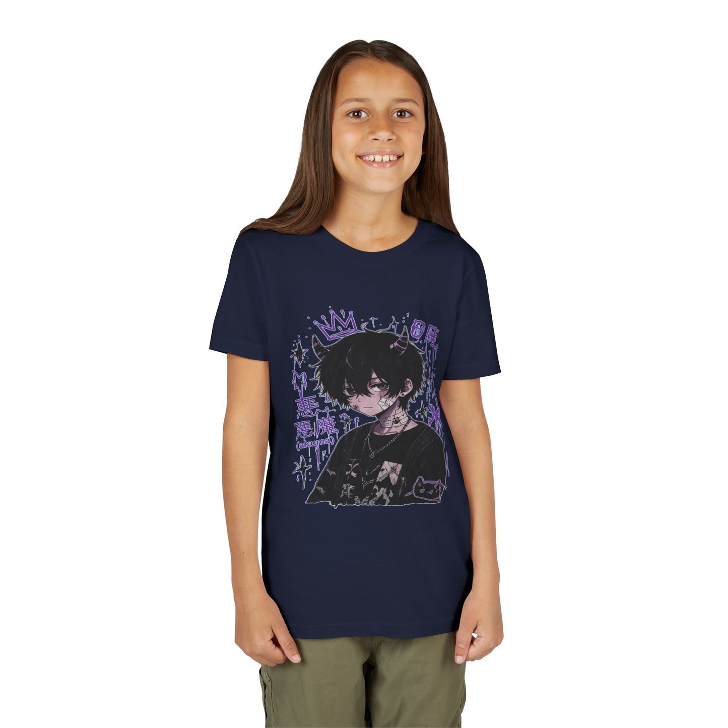 Youth Graphic Tee — Edgy Anime Boy Design with Purple Crown & Japanese Text