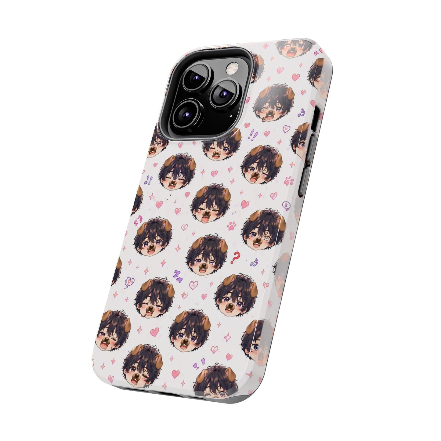 Cute Anime Boy Pattern Tough Phone Case — Kawaii Heart & Question Mark Design
