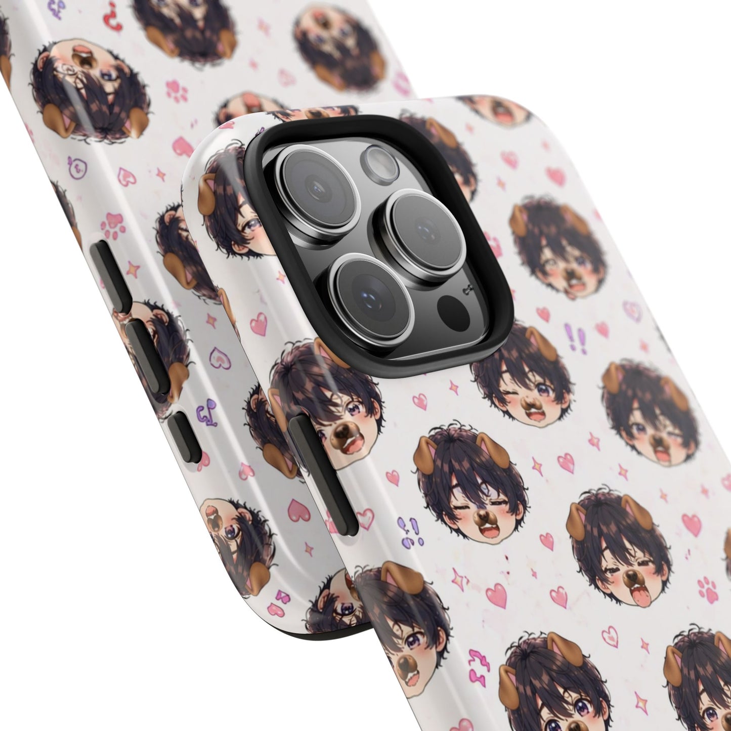 Cute Anime Boy Pattern Tough Phone Case — Kawaii Heart & Question Mark Design