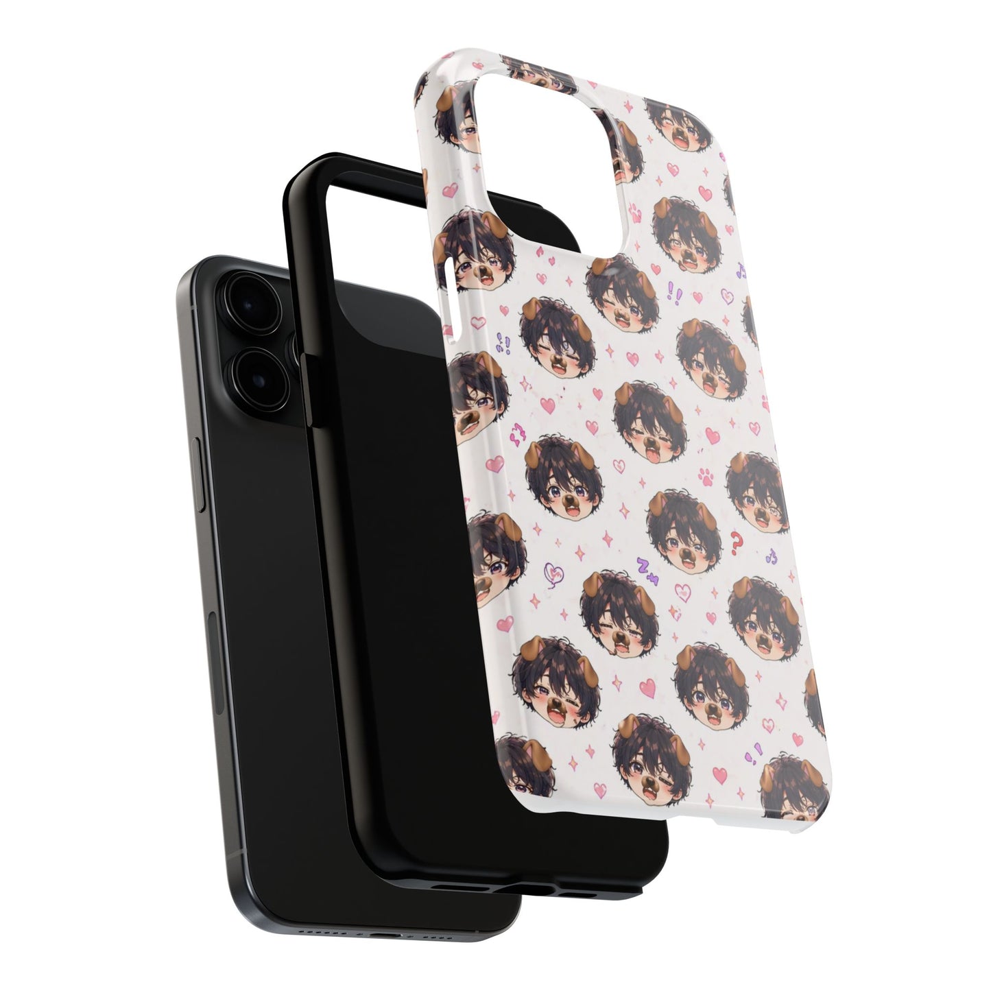 Cute Anime Boy Pattern Tough Phone Case — Kawaii Heart & Question Mark Design