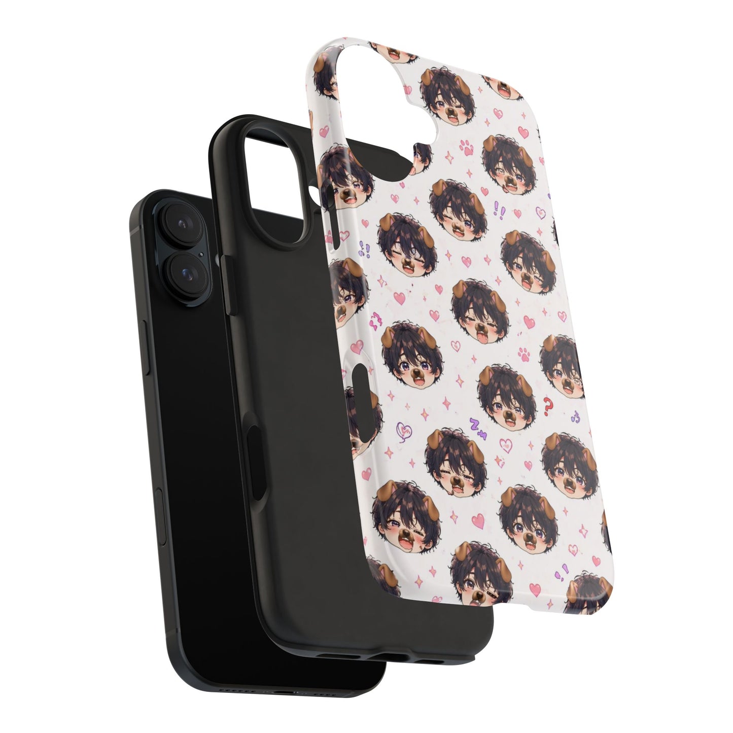 Cute Anime Boy Pattern Tough Phone Case — Kawaii Heart & Question Mark Design