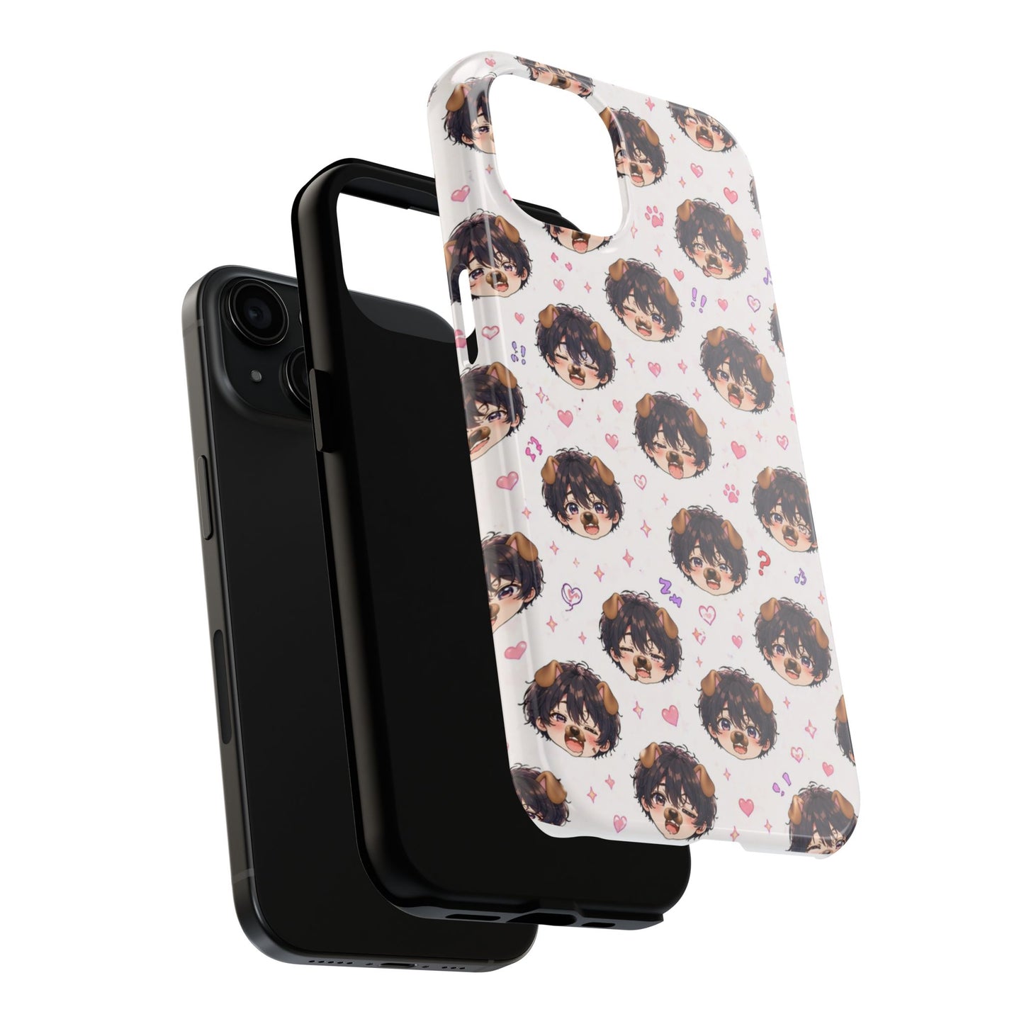 Cute Anime Boy Pattern Tough Phone Case — Kawaii Heart & Question Mark Design