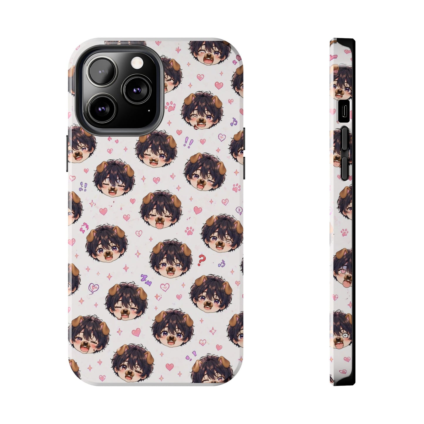 Cute Anime Boy Pattern Tough Phone Case — Kawaii Heart & Question Mark Design