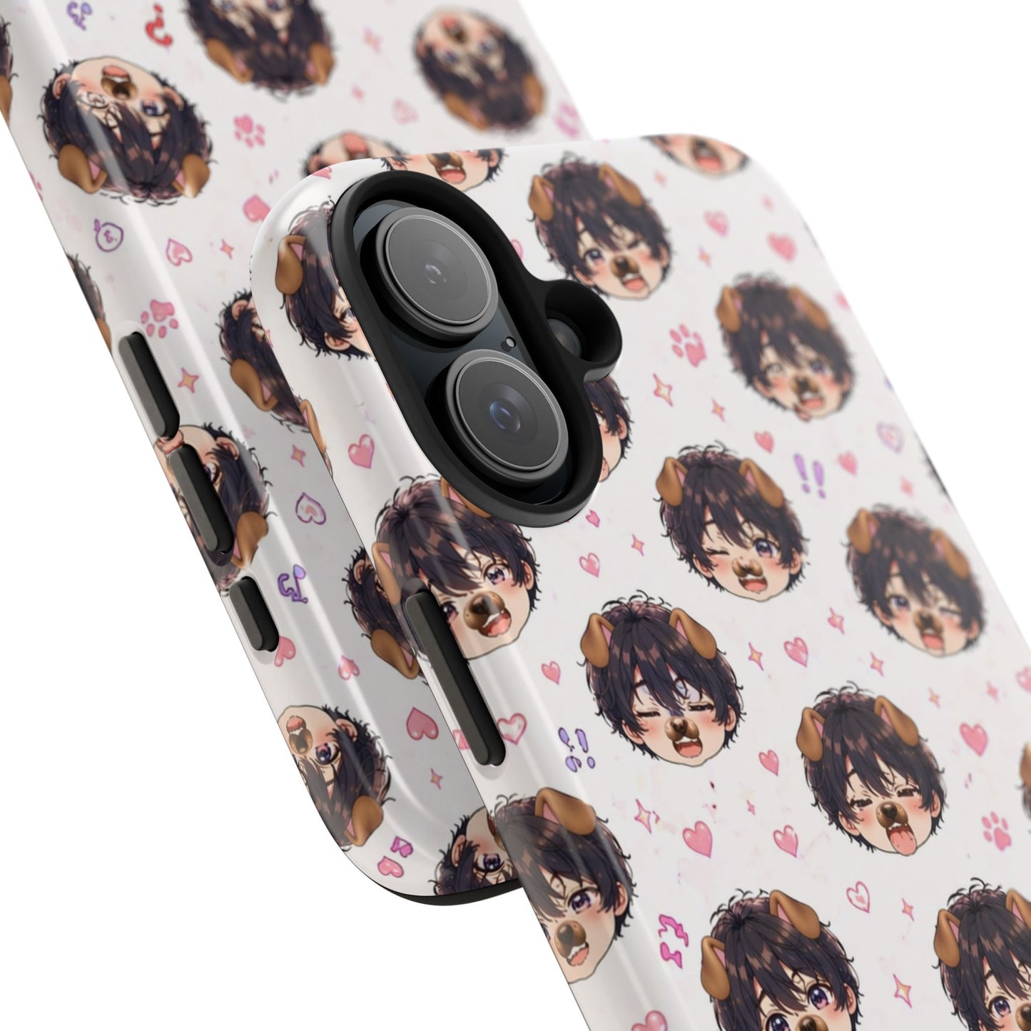 Cute Anime Boy Pattern Tough Phone Case — Kawaii Heart & Question Mark Design