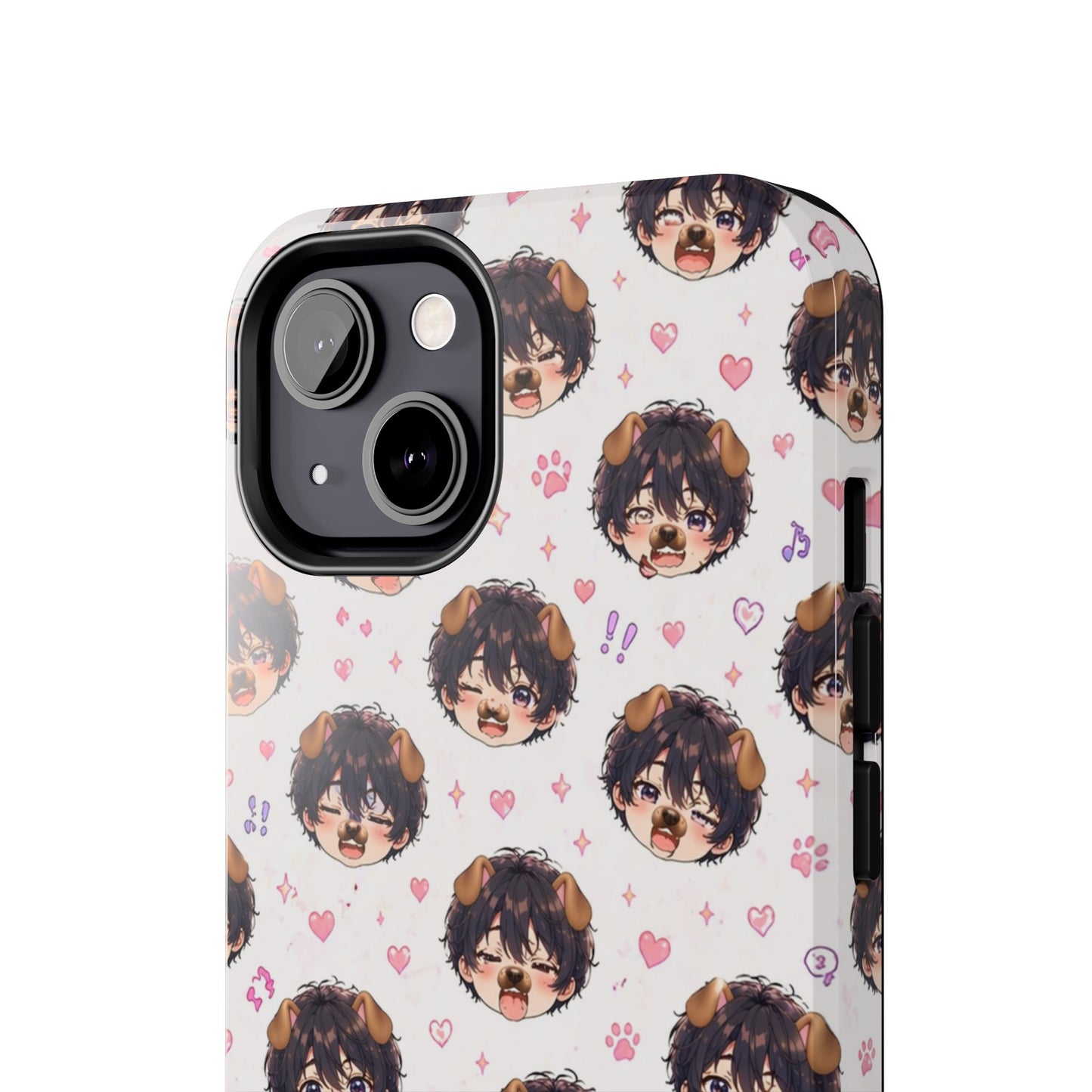 Cute Anime Boy Pattern Tough Phone Case — Kawaii Heart & Question Mark Design