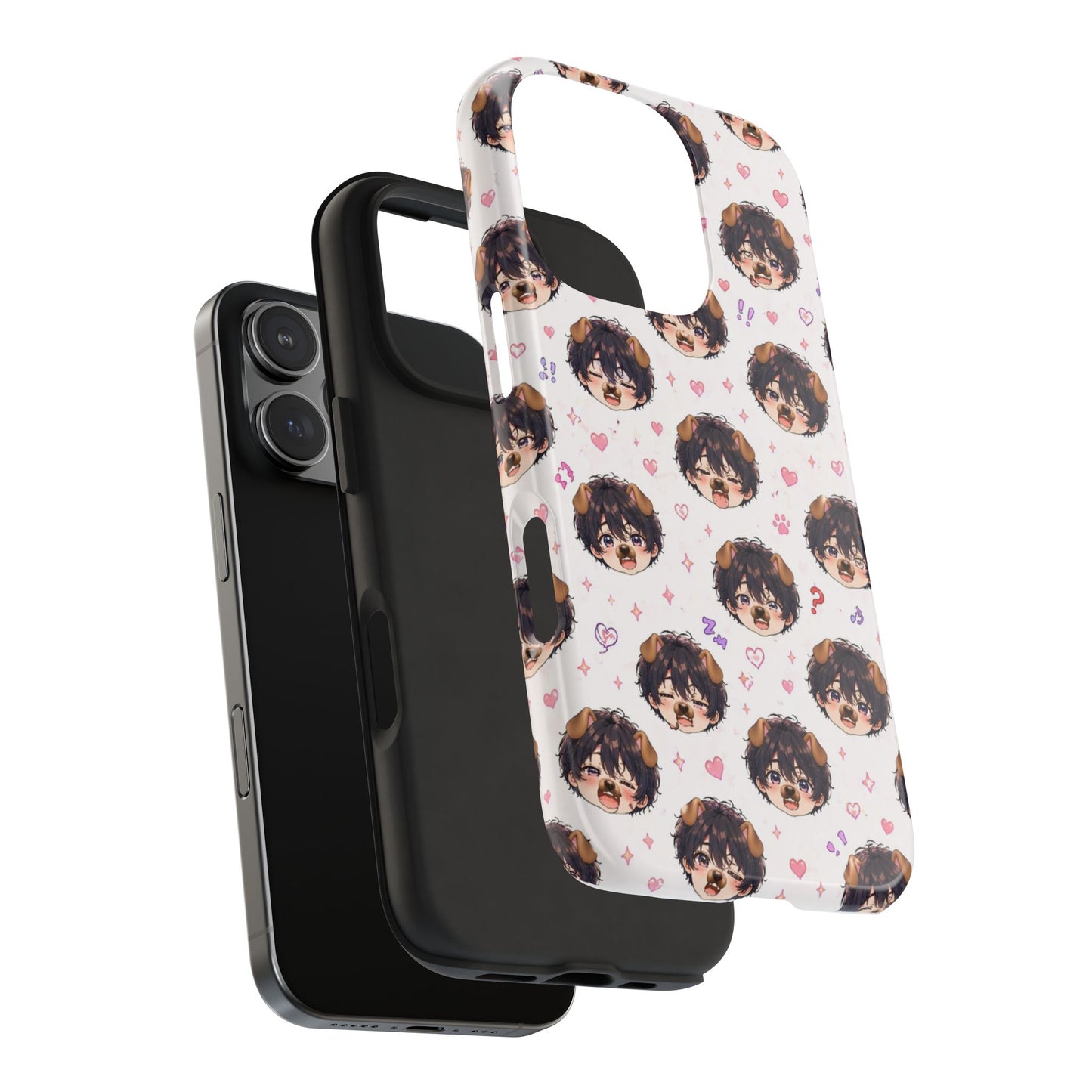 Cute Anime Boy Pattern Tough Phone Case — Kawaii Heart & Question Mark Design