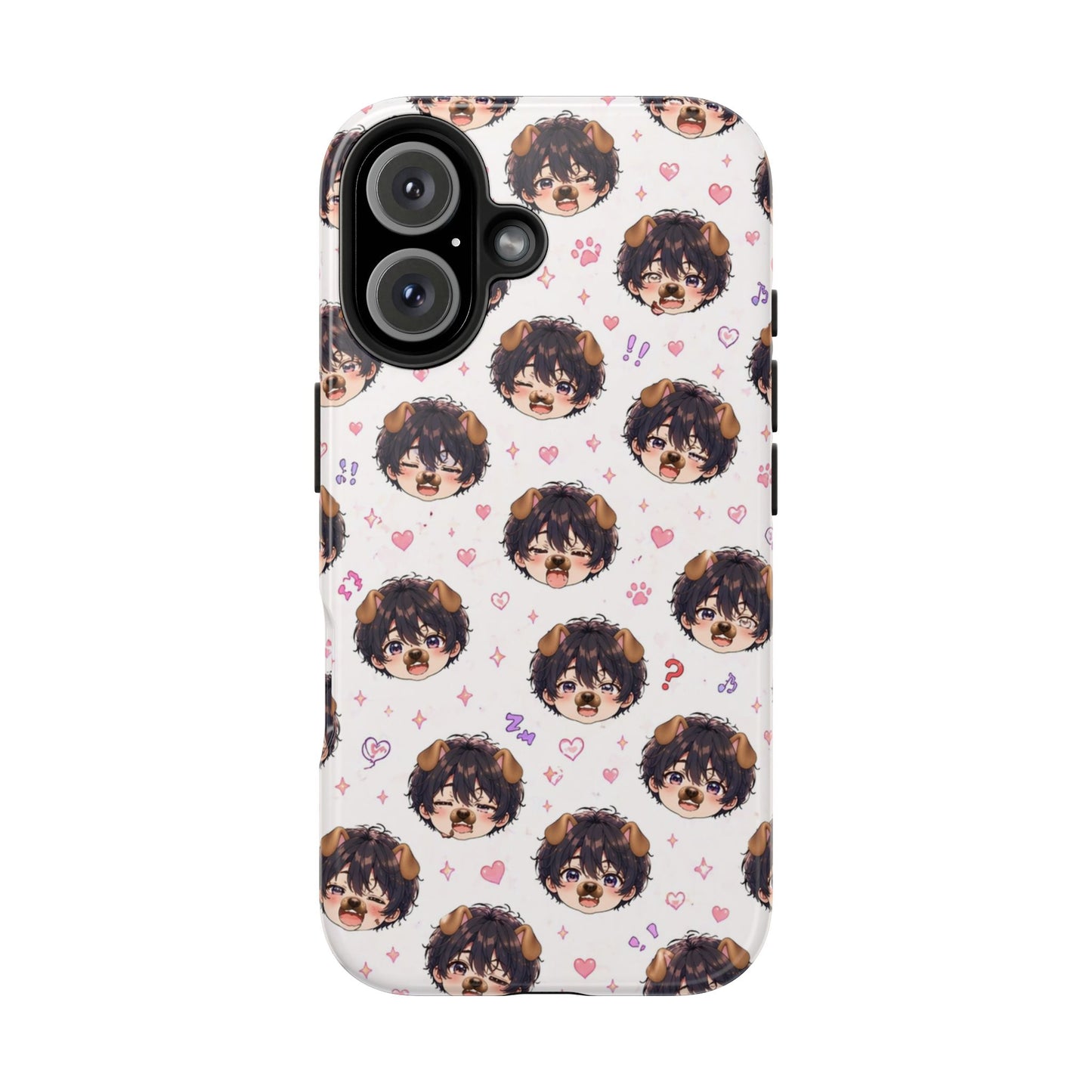 Cute Anime Boy Pattern Tough Phone Case — Kawaii Heart & Question Mark Design