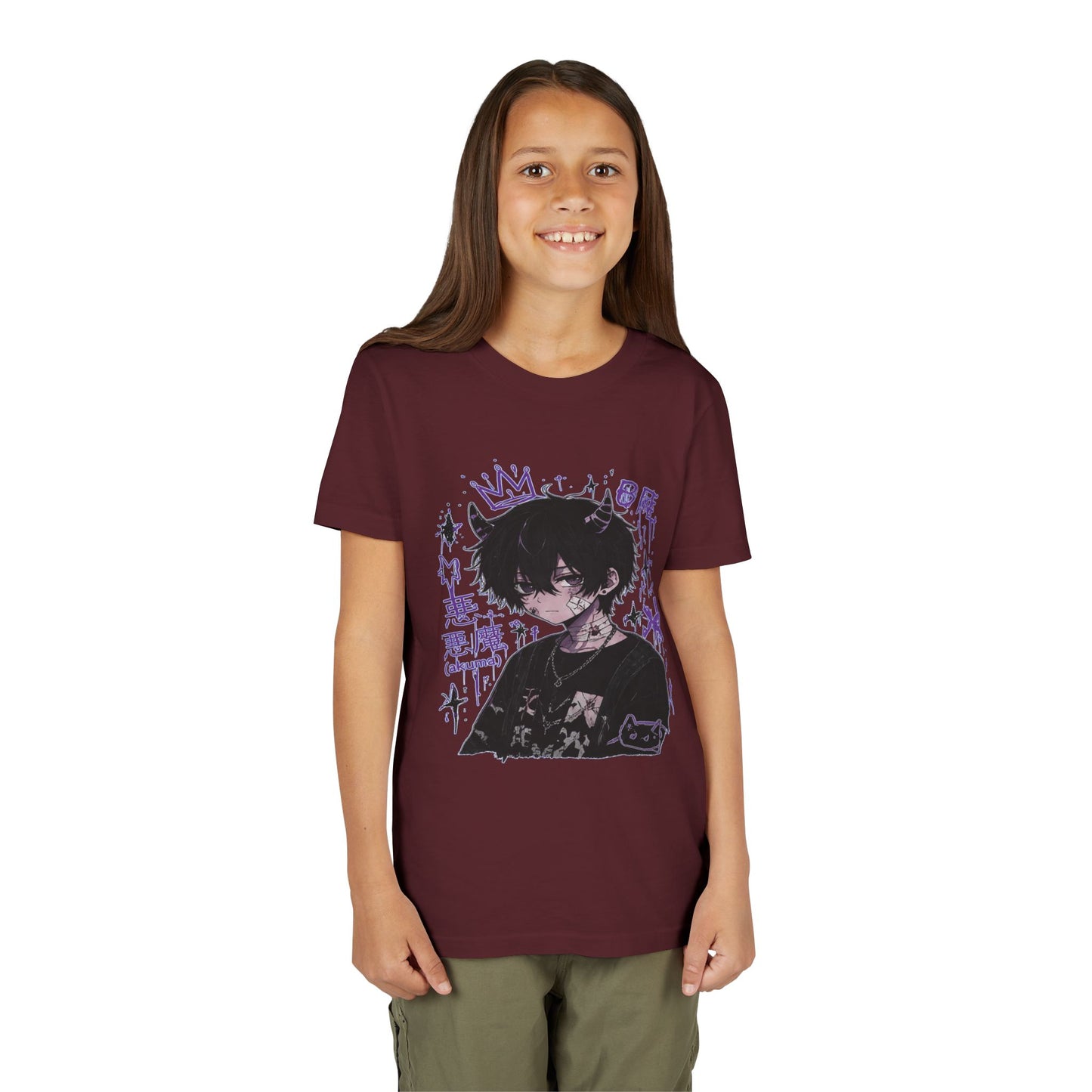 Youth Graphic Tee — Edgy Anime Boy Design with Purple Crown & Japanese Text