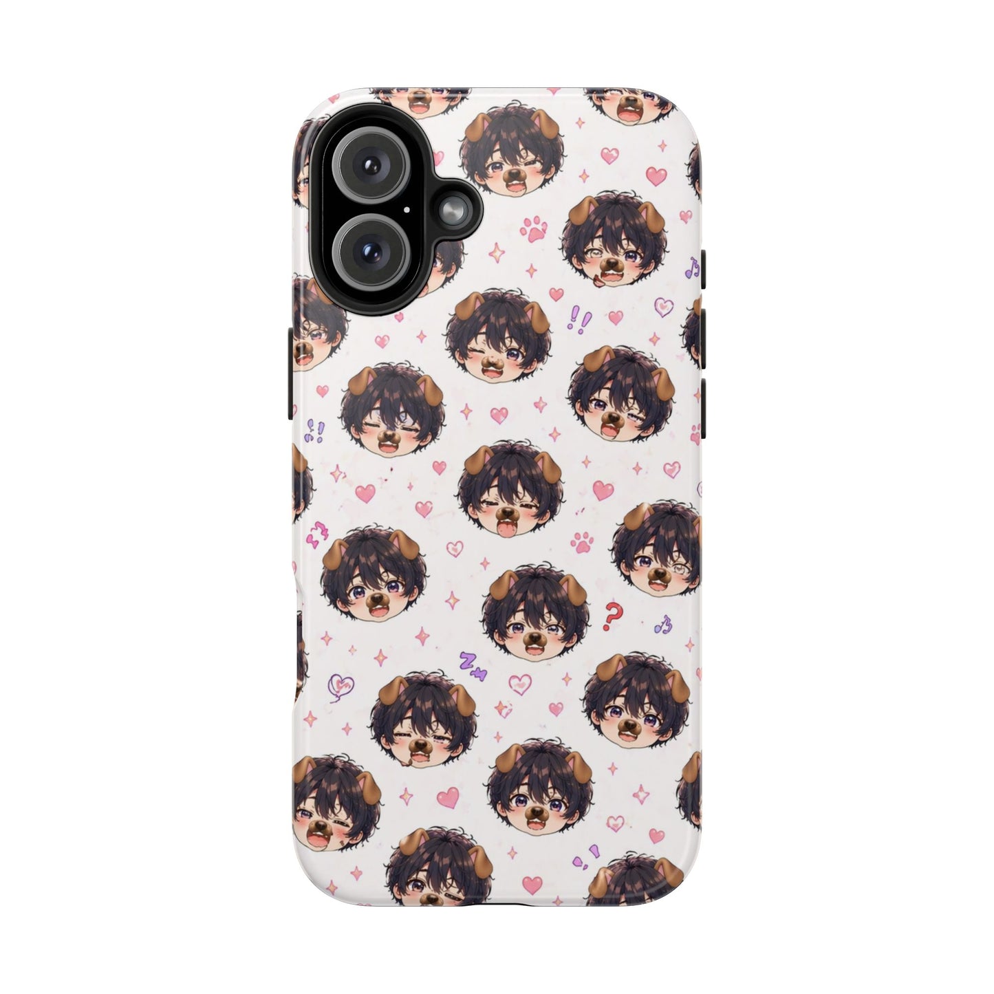 Cute Anime Boy Pattern Tough Phone Case — Kawaii Heart & Question Mark Design