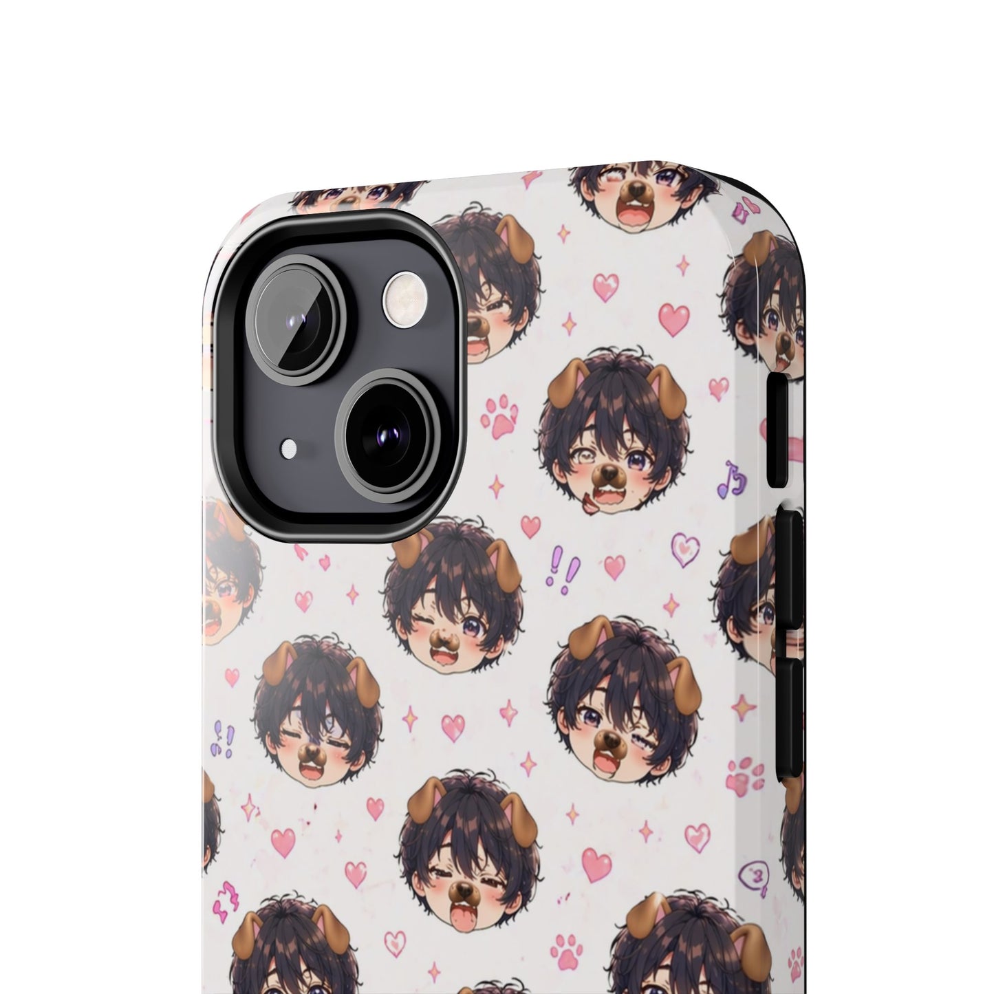 Cute Anime Boy Pattern Tough Phone Case — Kawaii Heart & Question Mark Design