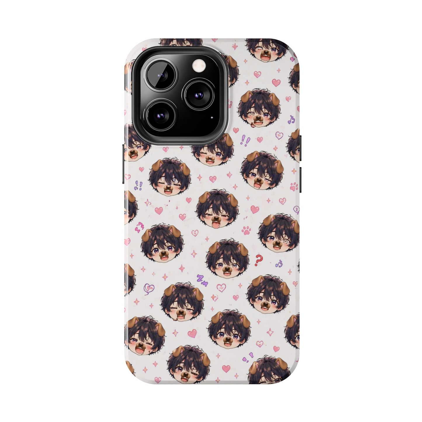 Cute Anime Boy Pattern Tough Phone Case — Kawaii Heart & Question Mark Design