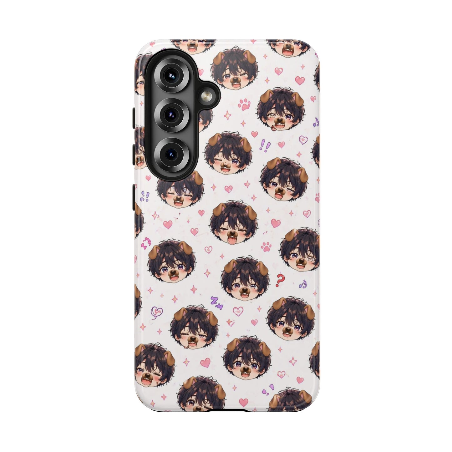 Cute Anime Boy Pattern Tough Phone Case — Kawaii Heart & Question Mark Design