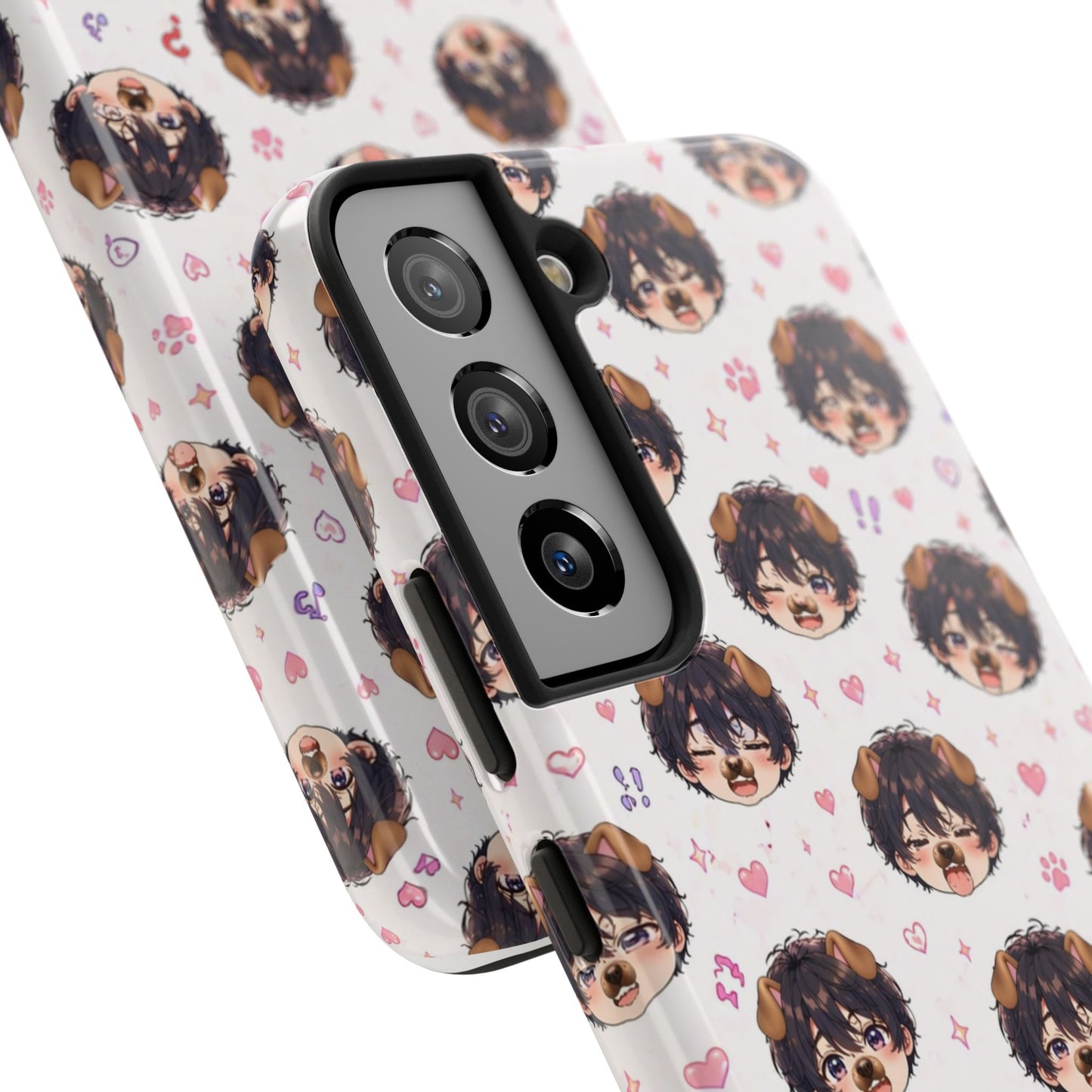 Cute Anime Boy Pattern Tough Phone Case — Kawaii Heart & Question Mark Design