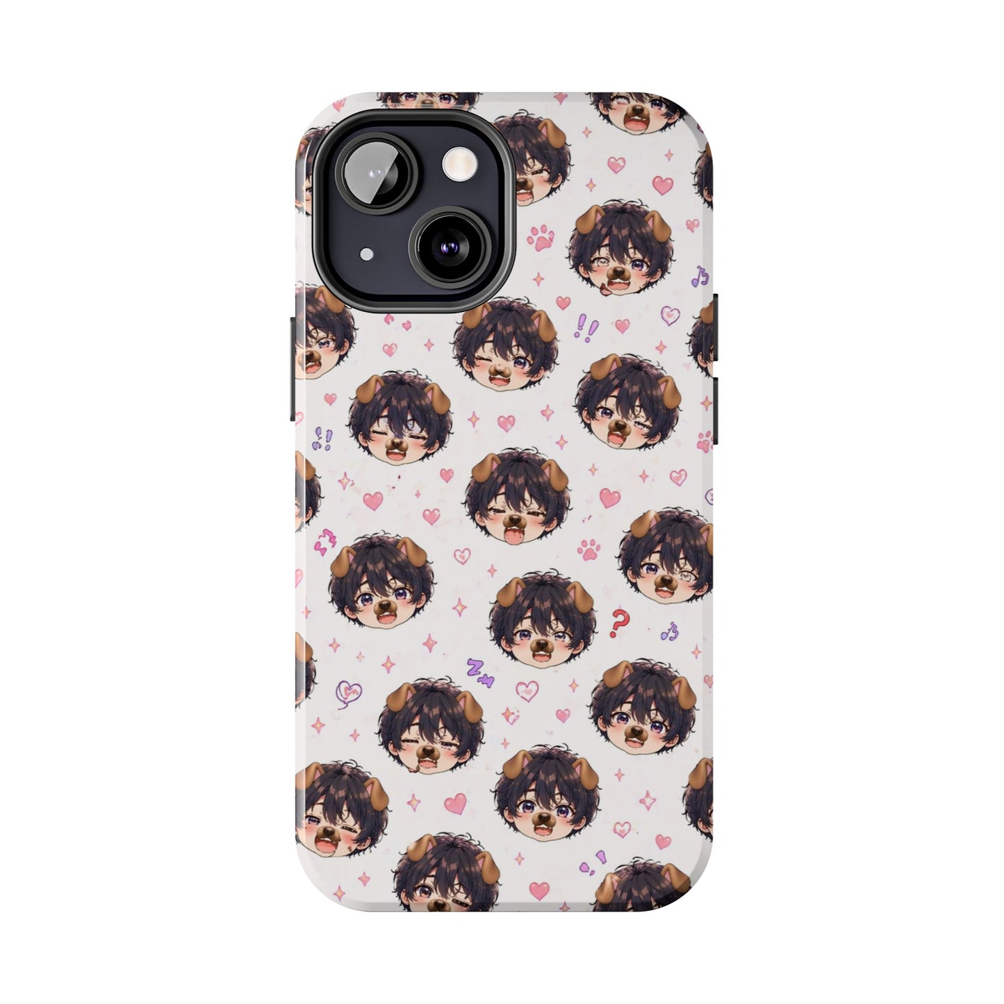 Cute Anime Boy Pattern Tough Phone Case — Kawaii Heart & Question Mark Design