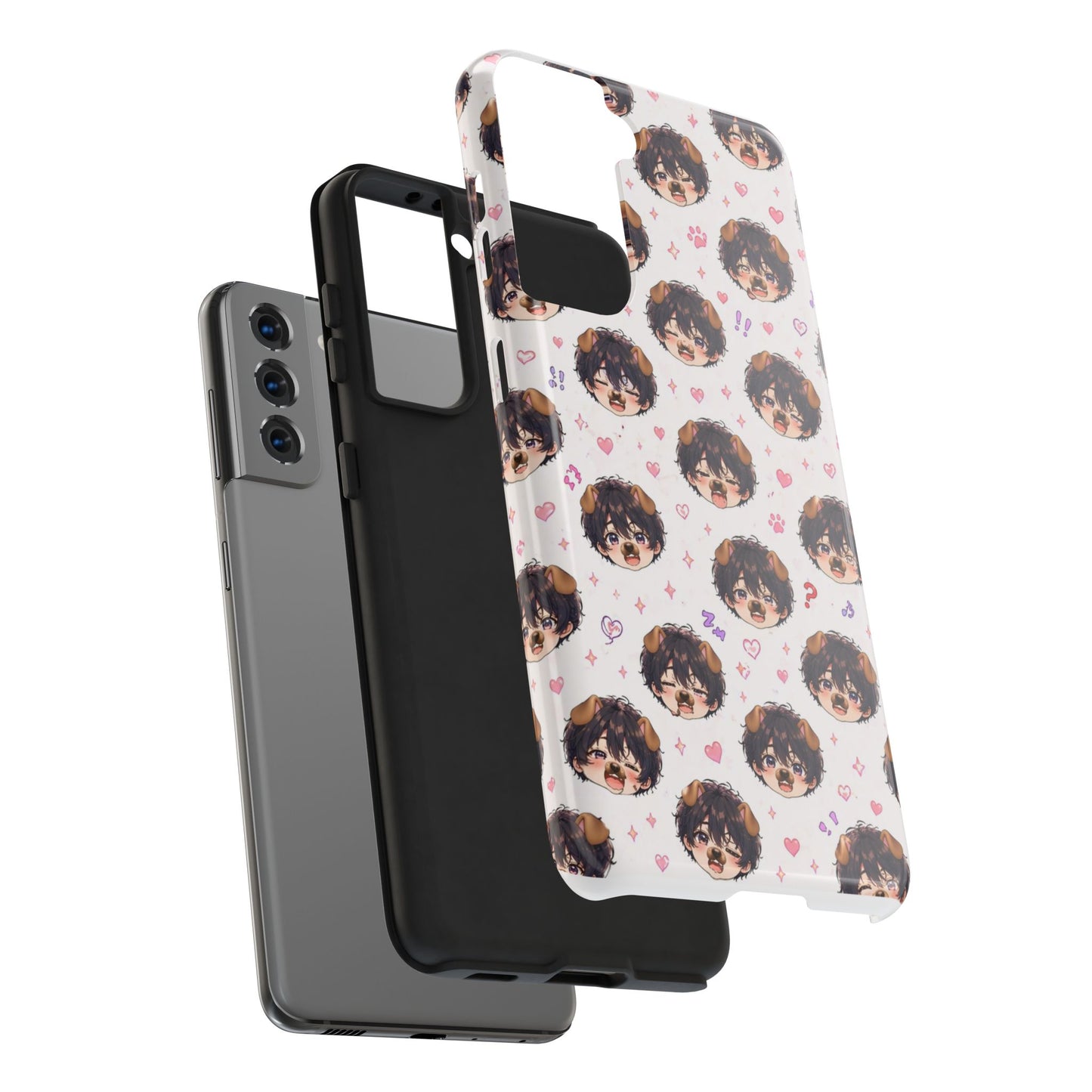 Cute Anime Boy Pattern Tough Phone Case — Kawaii Heart & Question Mark Design